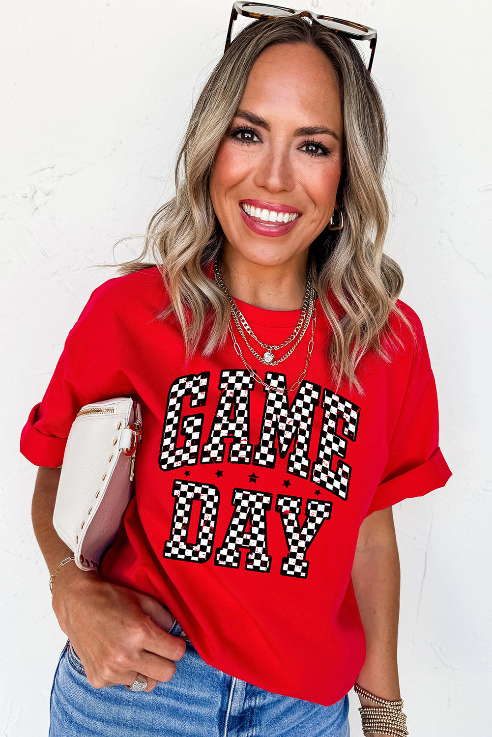 Red Checkered Game Day Graphic T-Shirt