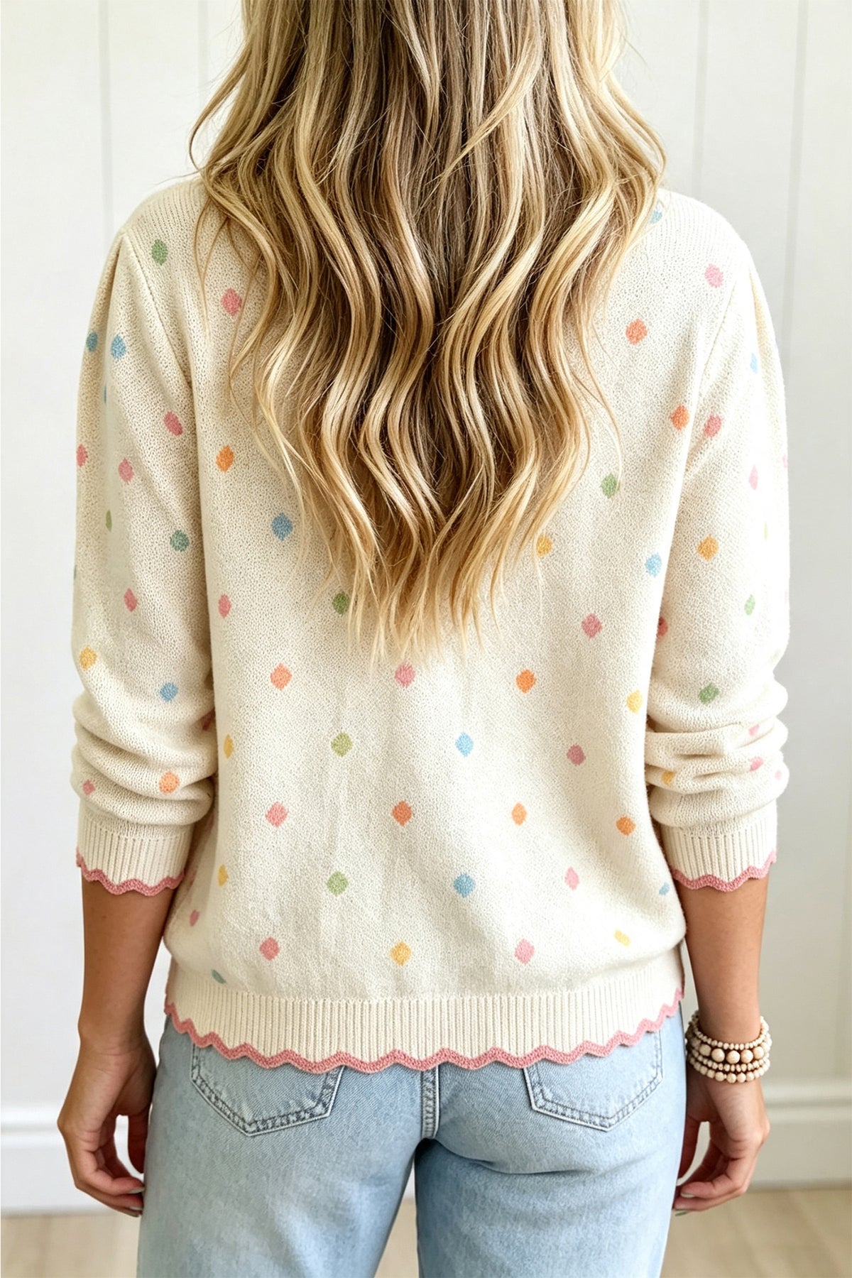 White Polka Dot Scalloped Trim Long Sleeve Sweater