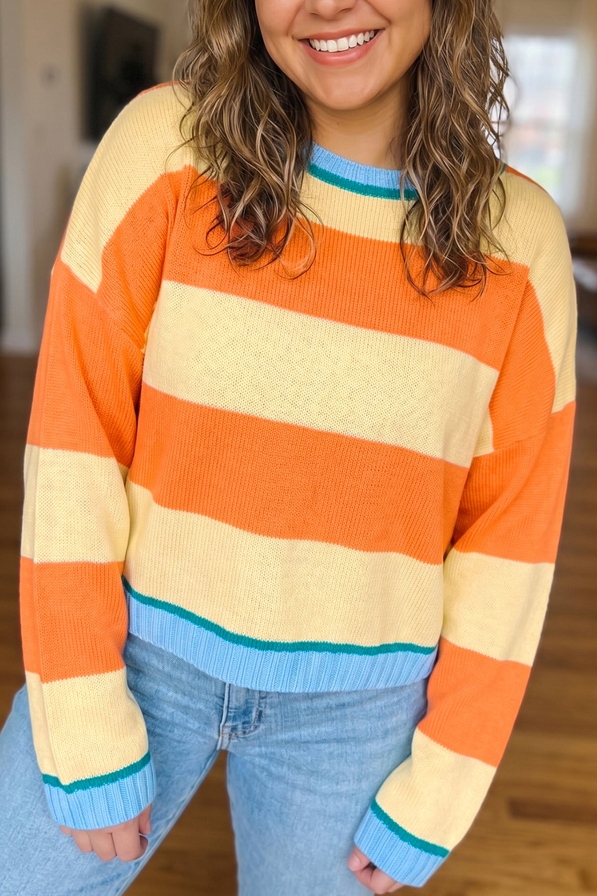 Yellow Stripe Striped Color-Block Round-Neck Long-Sleeve Oversized Plus Size Sweater