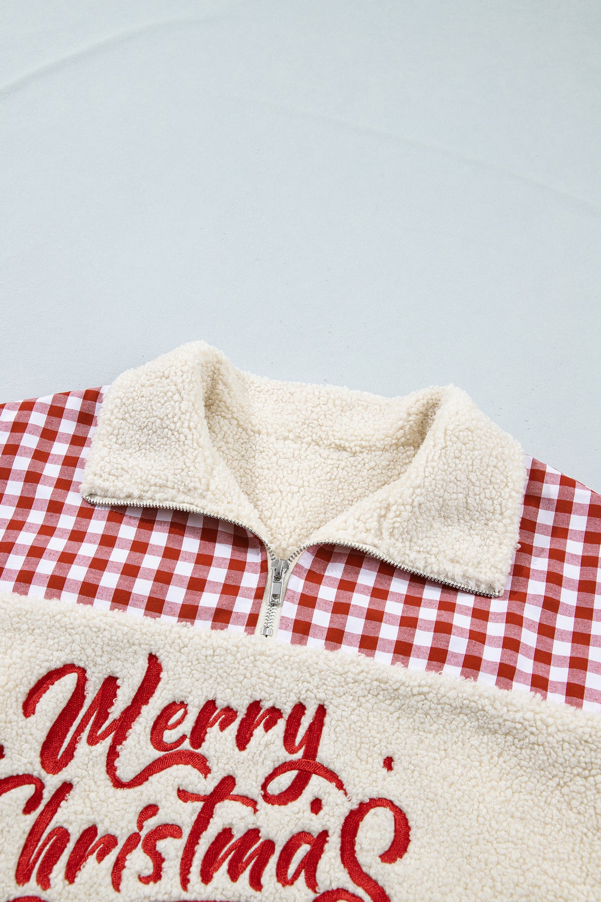 White Plush Plaid Patchwork Merry Christmas Sweatshirt