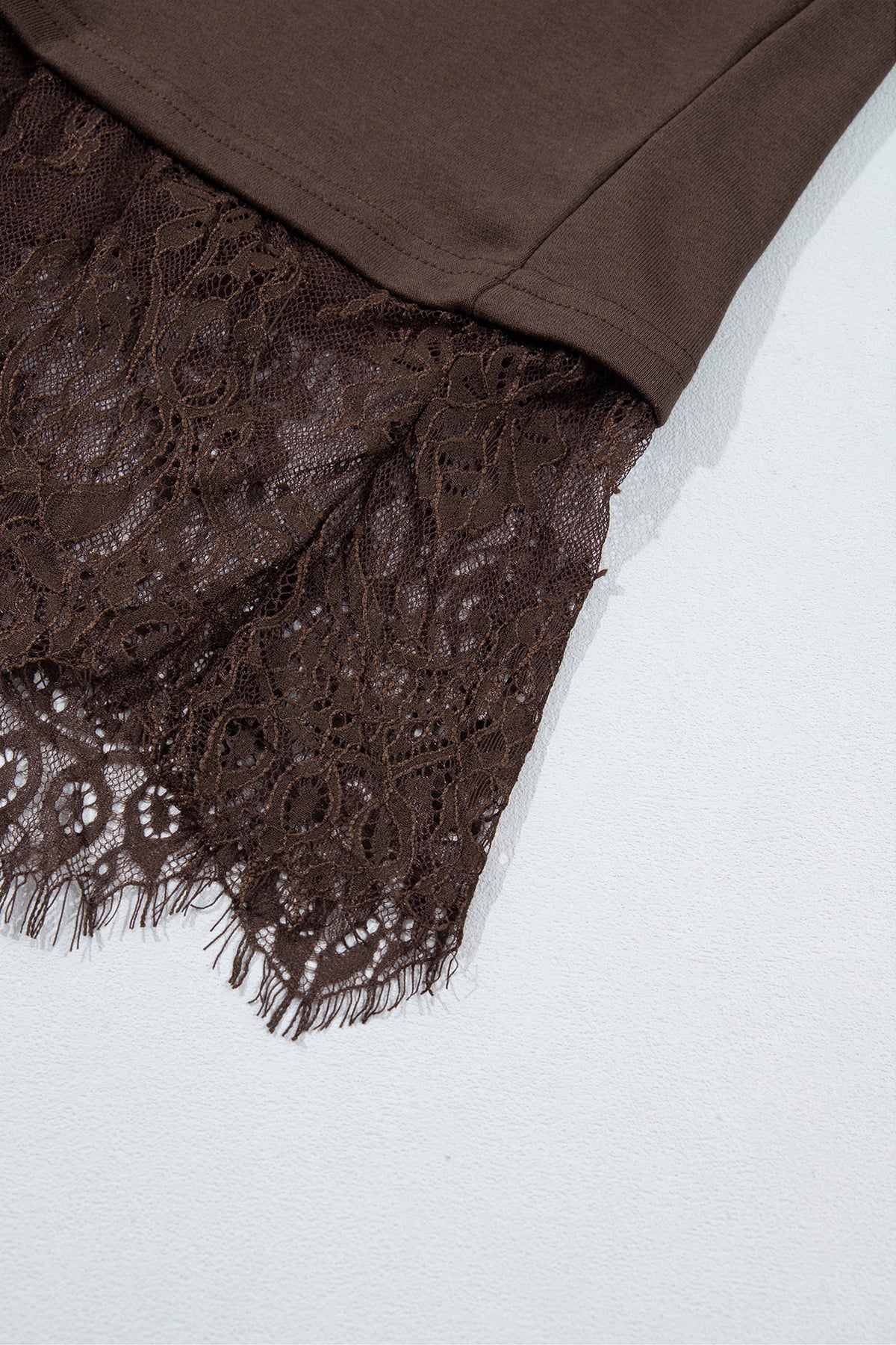 Coffee Solid Color High Neck Lace Splicing Hem Sweatshirt