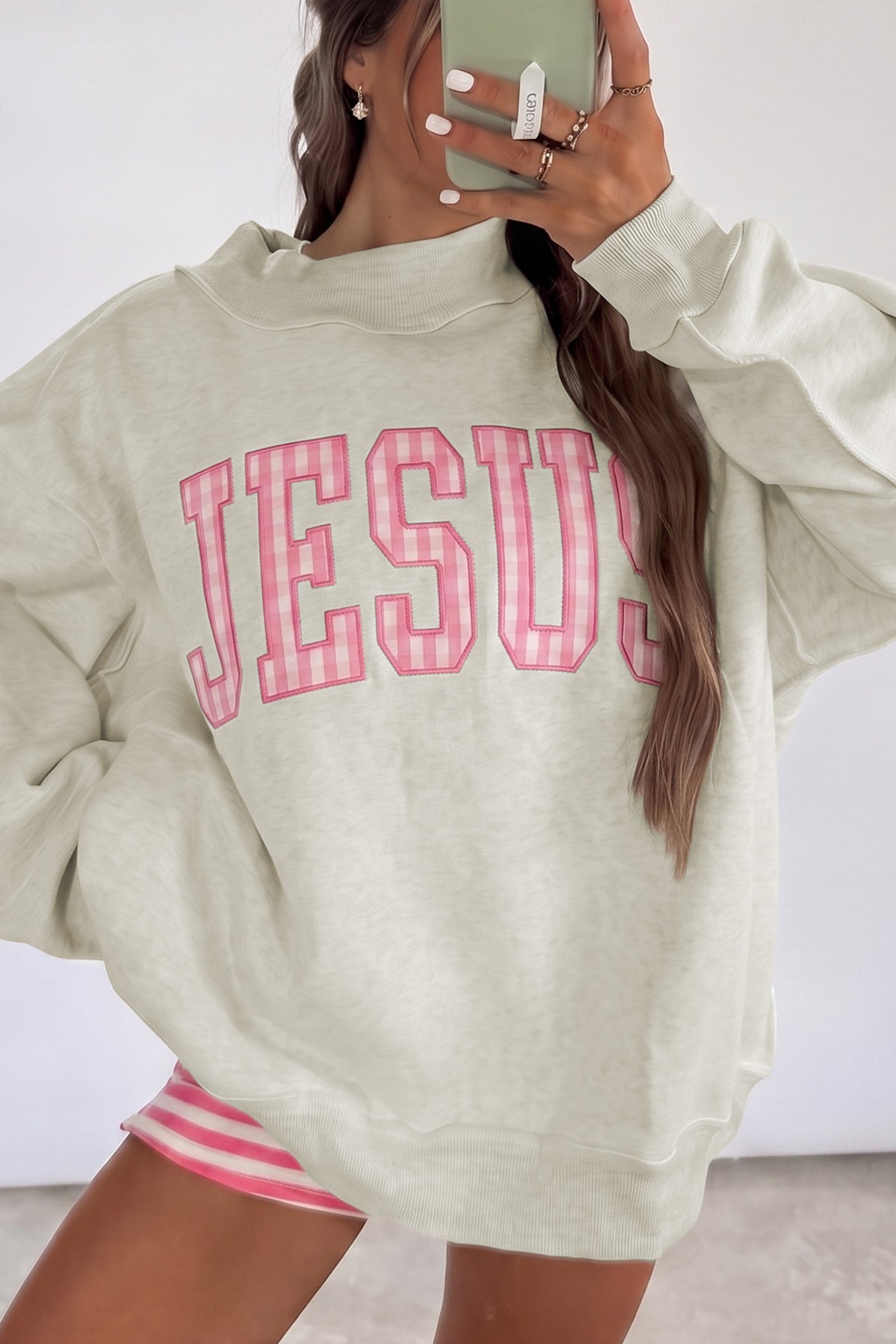 Gray High Neck Polka Dot Slogan Printed Sweatshirt