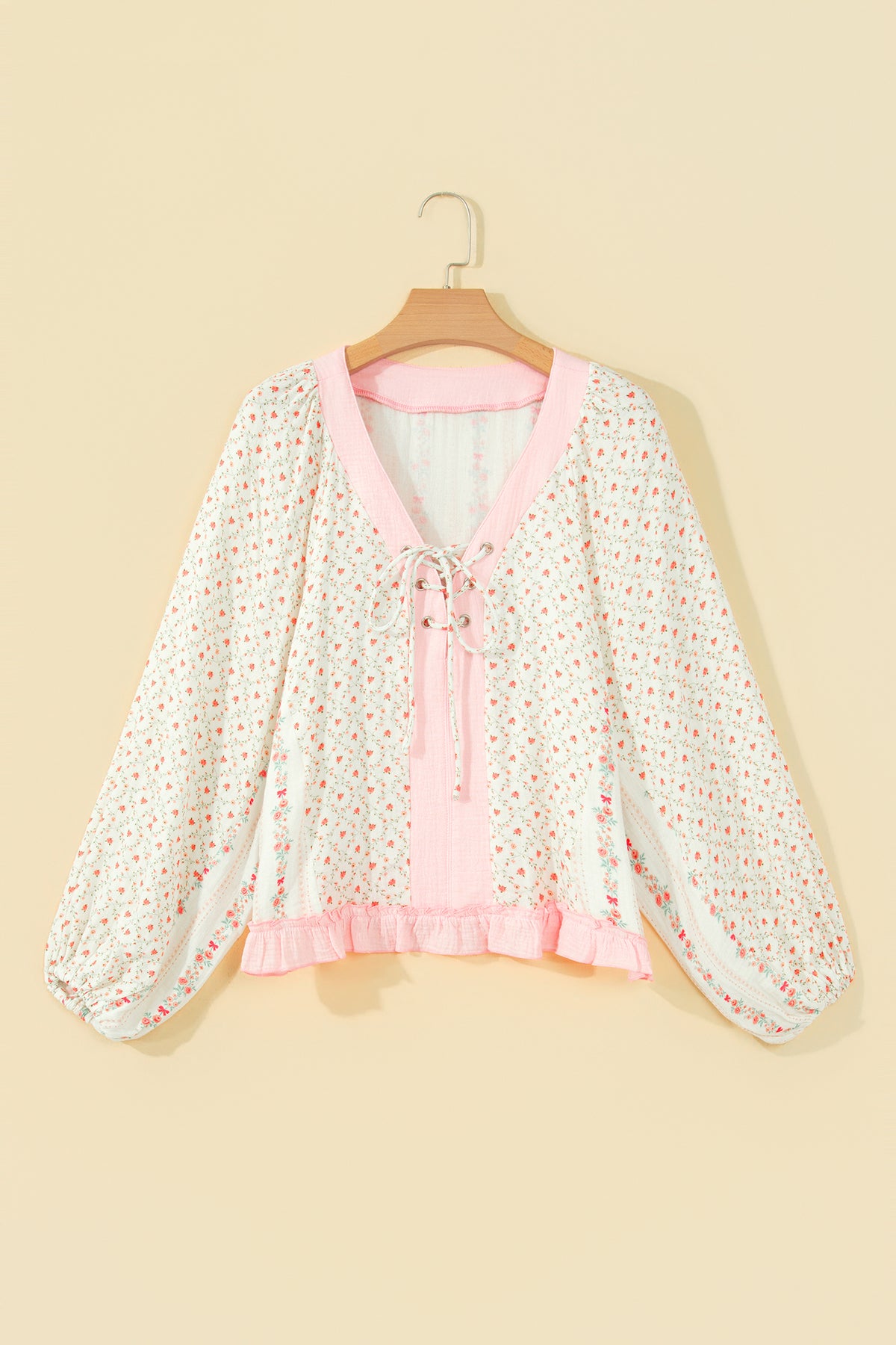 Beige Floral Print Color Block Trim Lace-up V Neck Blouse
