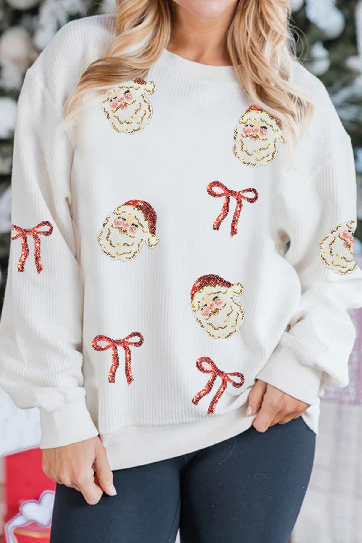 White Corded Rib Sequin Santa Bow Patched Drop Shoulder Graphic Sweatshirt