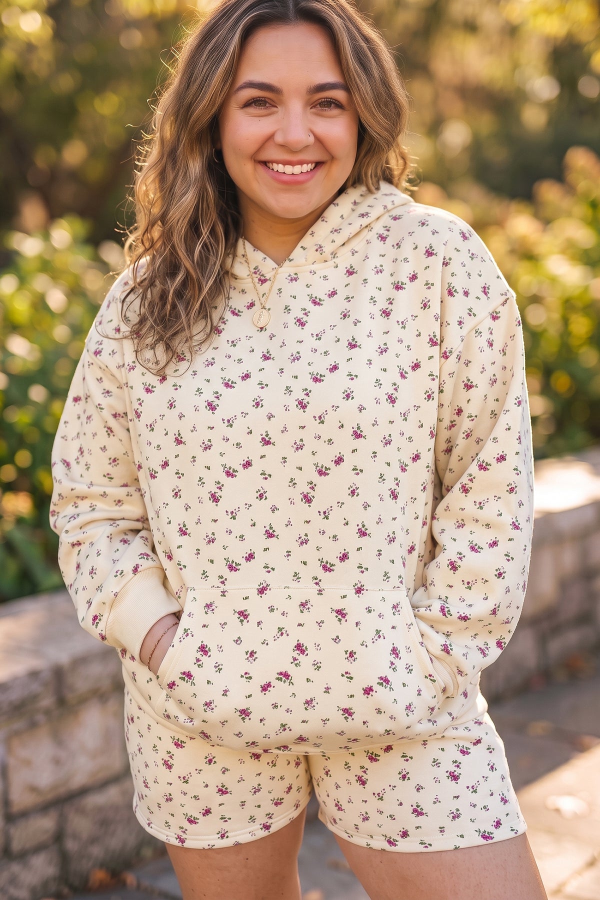 Beige Floral Print Hooded Long-Sleeve Plus Size Set