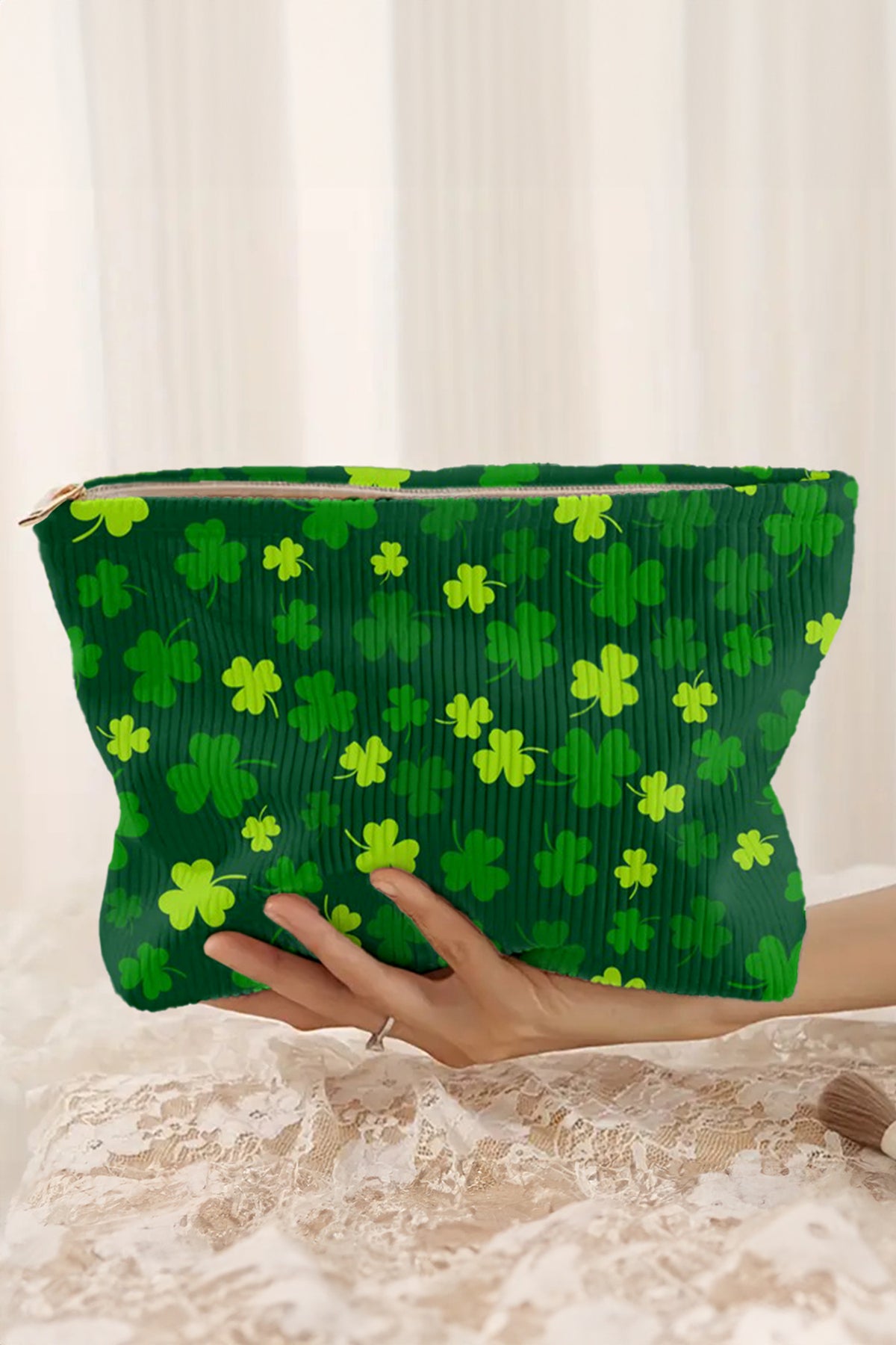 White St Patricks Lucky Clover Printed Soft Ribbed Makeup Bag