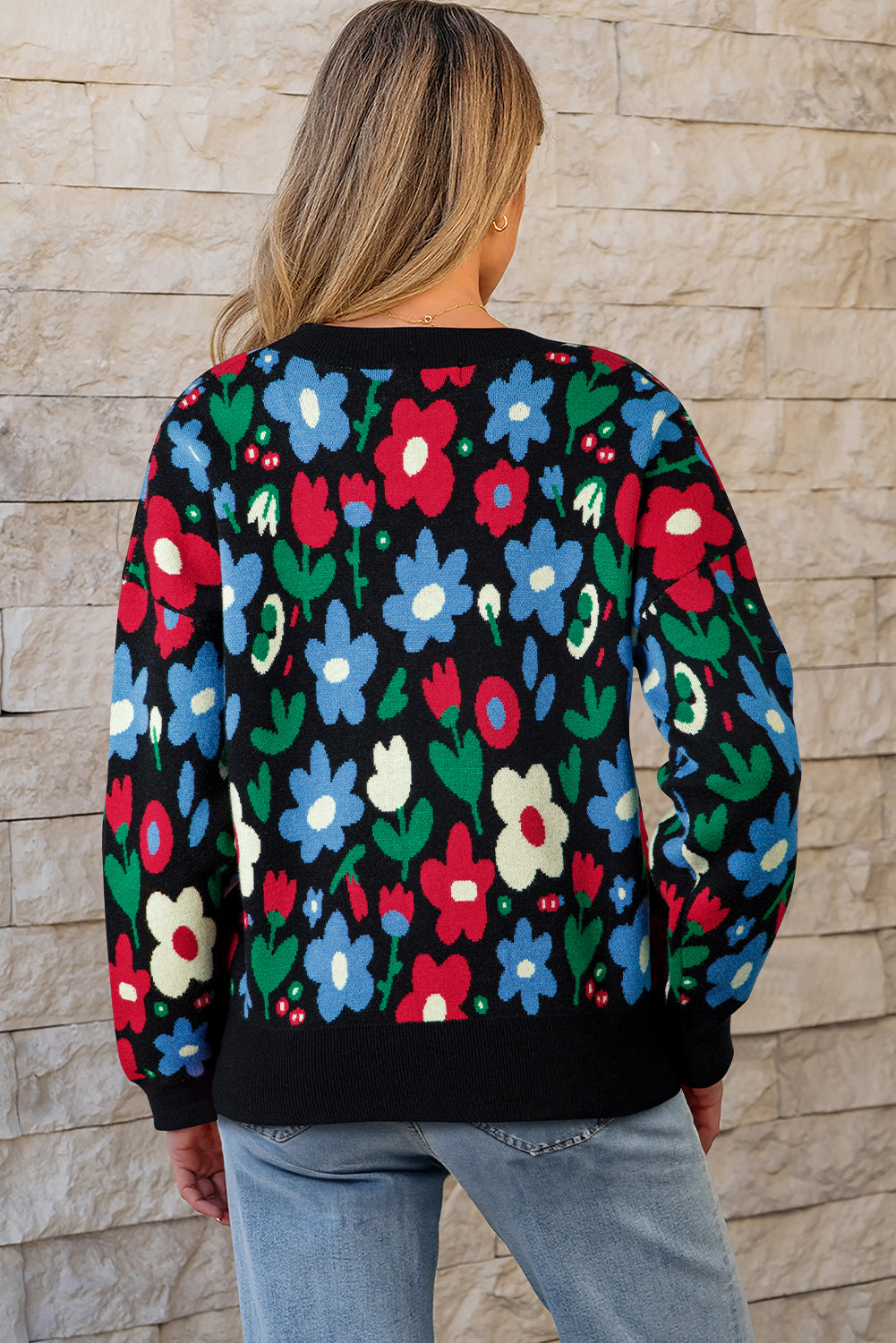 Black Floral Print V Neck Buttoned Short Cardigan Sweater