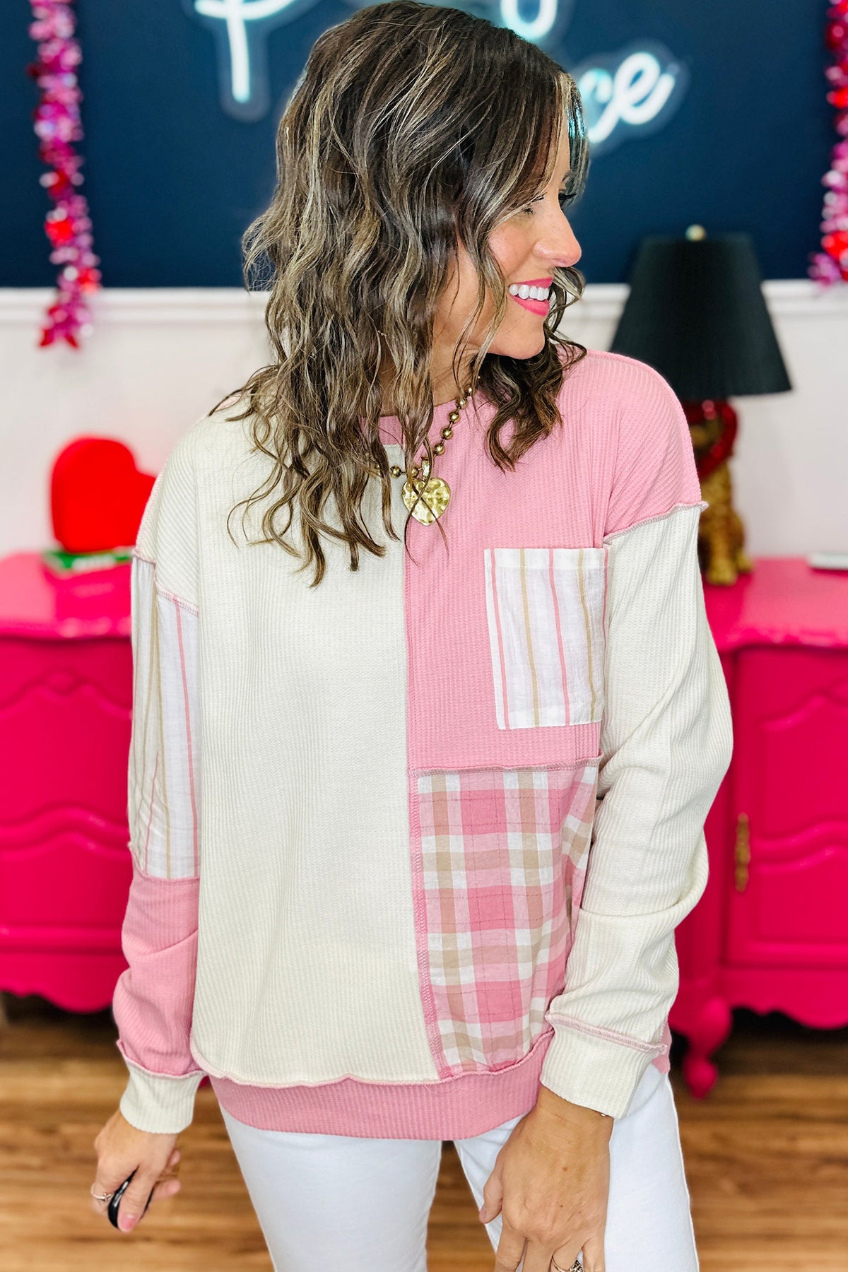 Pink Color-Block Plaid Panel Long-Sleeve Plus Size Blouse