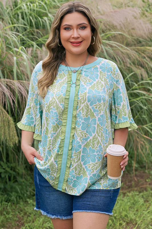 Sky Blue Plus Size Floral Print Frilled Trim Blouse
