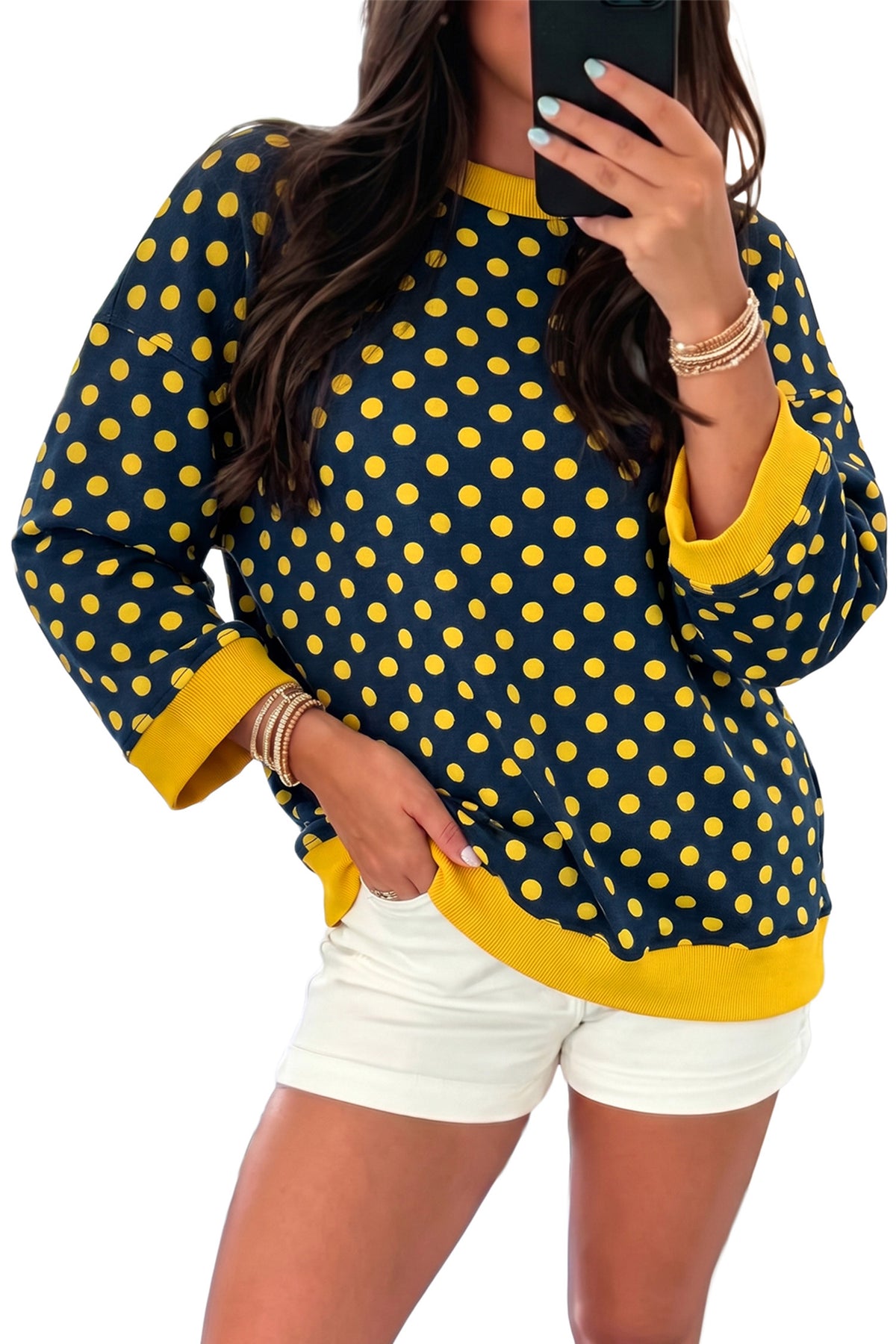 Green Polka Dot Print Round Neck Bracelet Sleeve Top