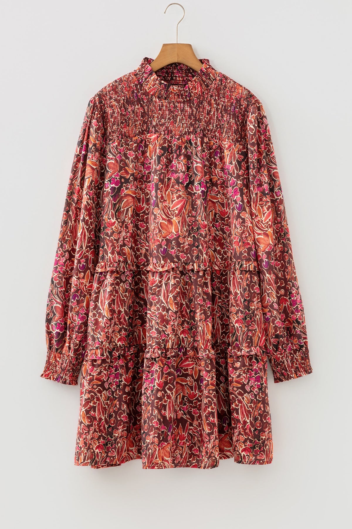 Red Floral Print Long Sleeve Shirred High Neck Loose Mini Dress