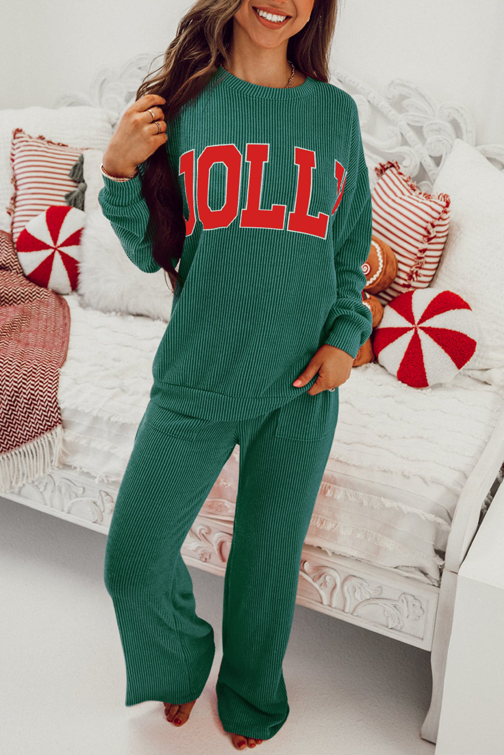 Women's Dark Green MERRY Corded Long-Sleeve Top & Pockets Pants Set