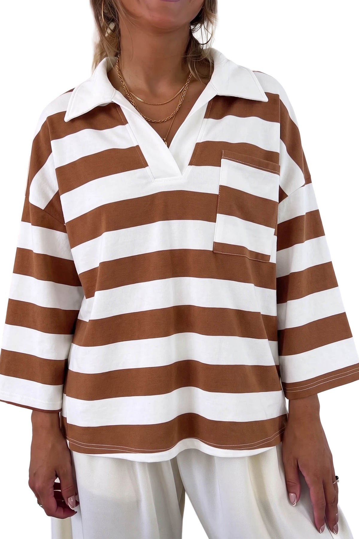 Brown Stripe Contrast Collar Oversized Top