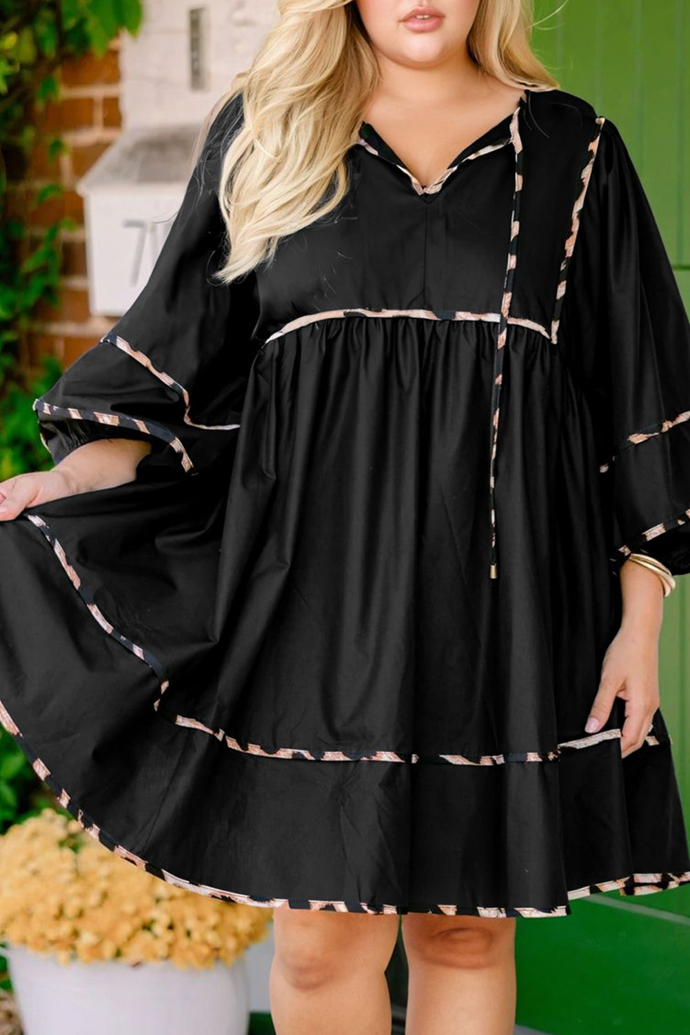 Black Plus Size Long-Sleeve Leopard Contrasted Trim Tie Neck Flared Mini Dress
