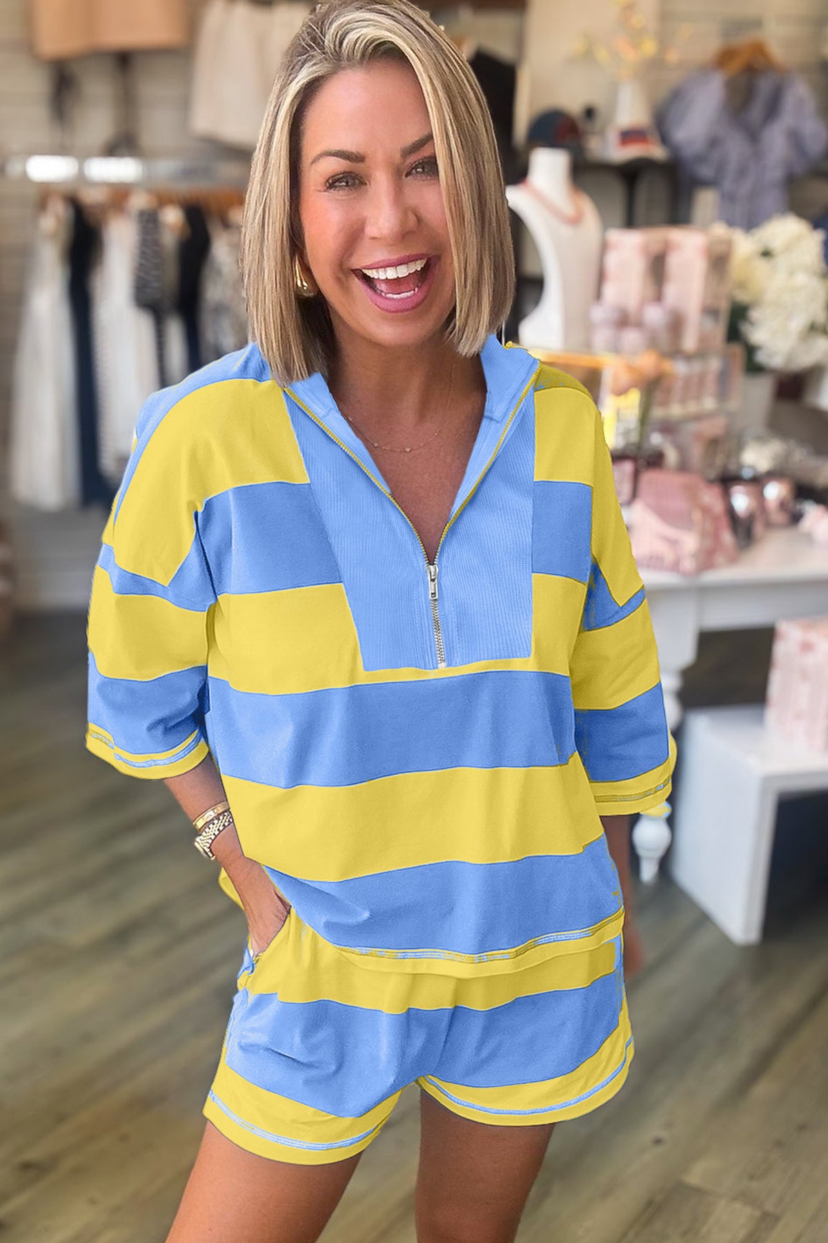 Women's Yellow Stripe Half Zipper Placket Bracelet Sleeve Top Shorts Set