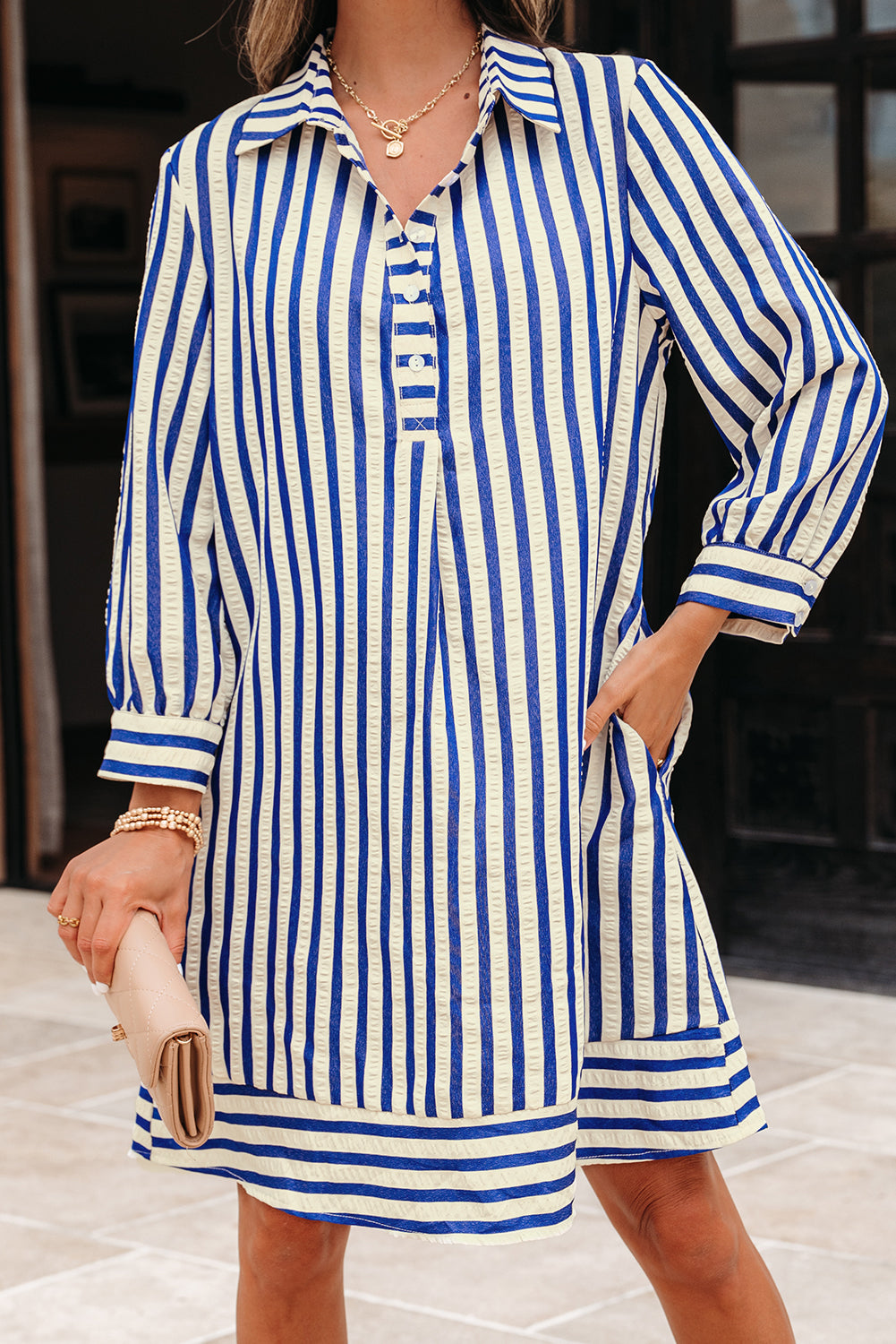 Blue Stripe Collared Half Button Side Pockets Loose Fit Mini Dress