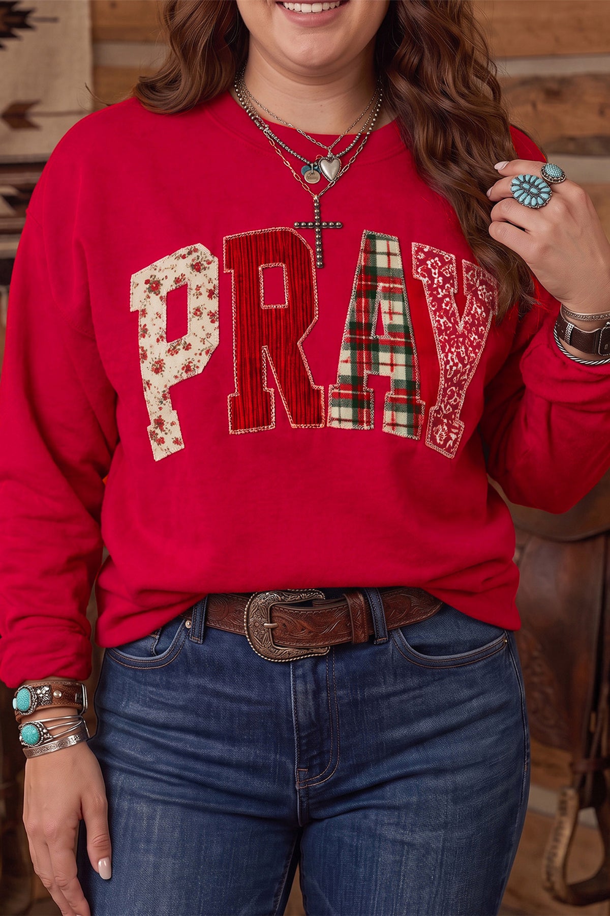 Fiery Red PRAY Letter Patchwork Round Neck Long Sleeve Plus Size Sweatshirt