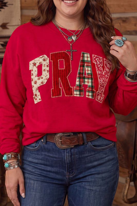Fiery Red PRAY Letter Patchwork Long Sleeve Plus Size Sweatshirt