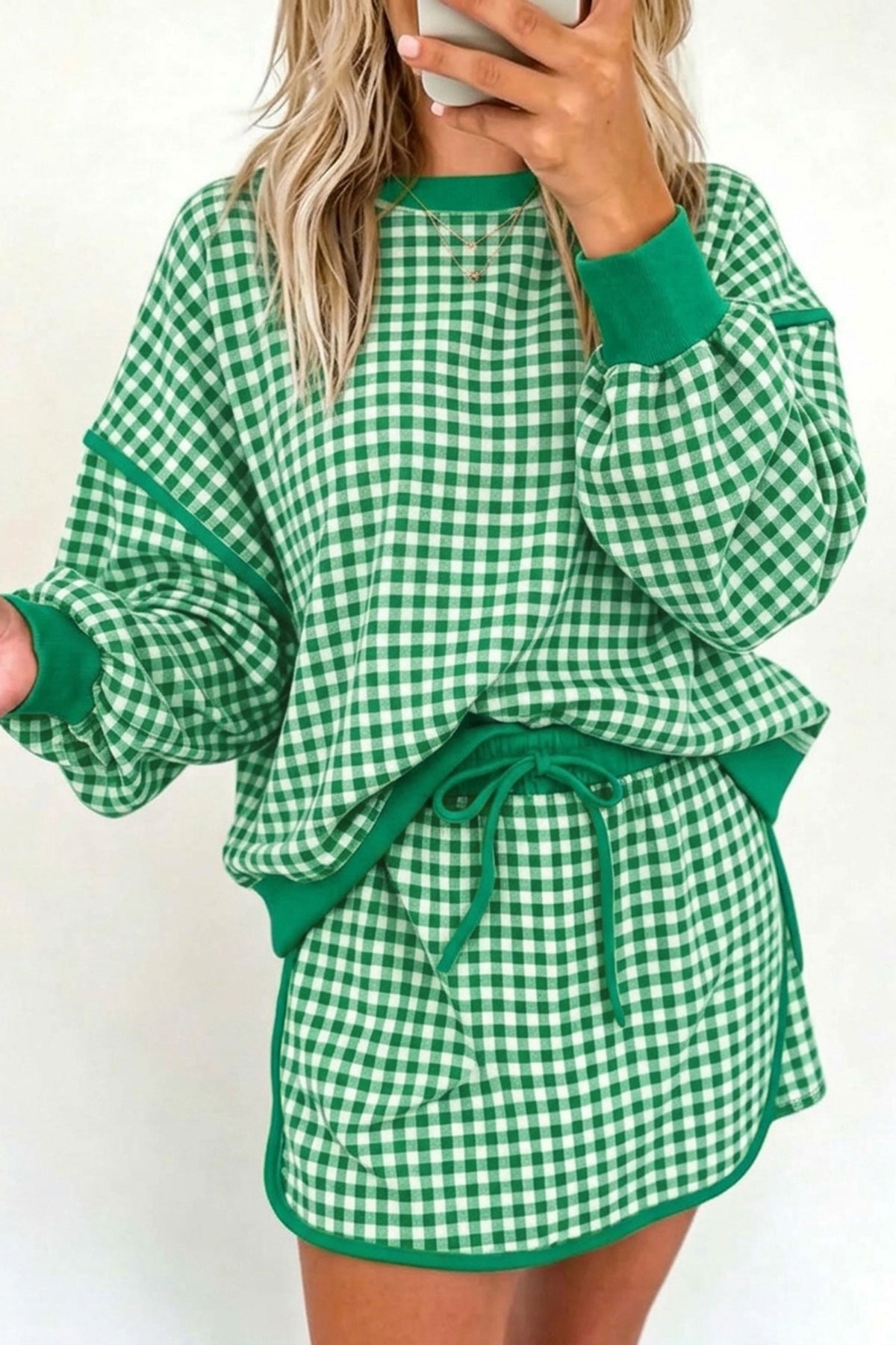 Brown Gingham Oversized Ribbed Crew Neck Long Sleeve Top and Skort Set