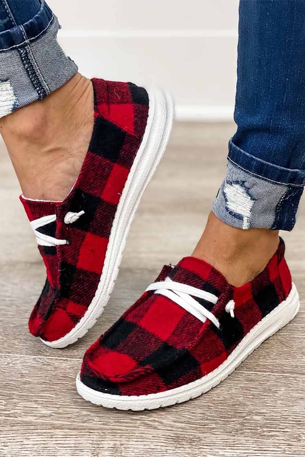 Fiery Red Vintage Plaid Lace-Up Sneakers