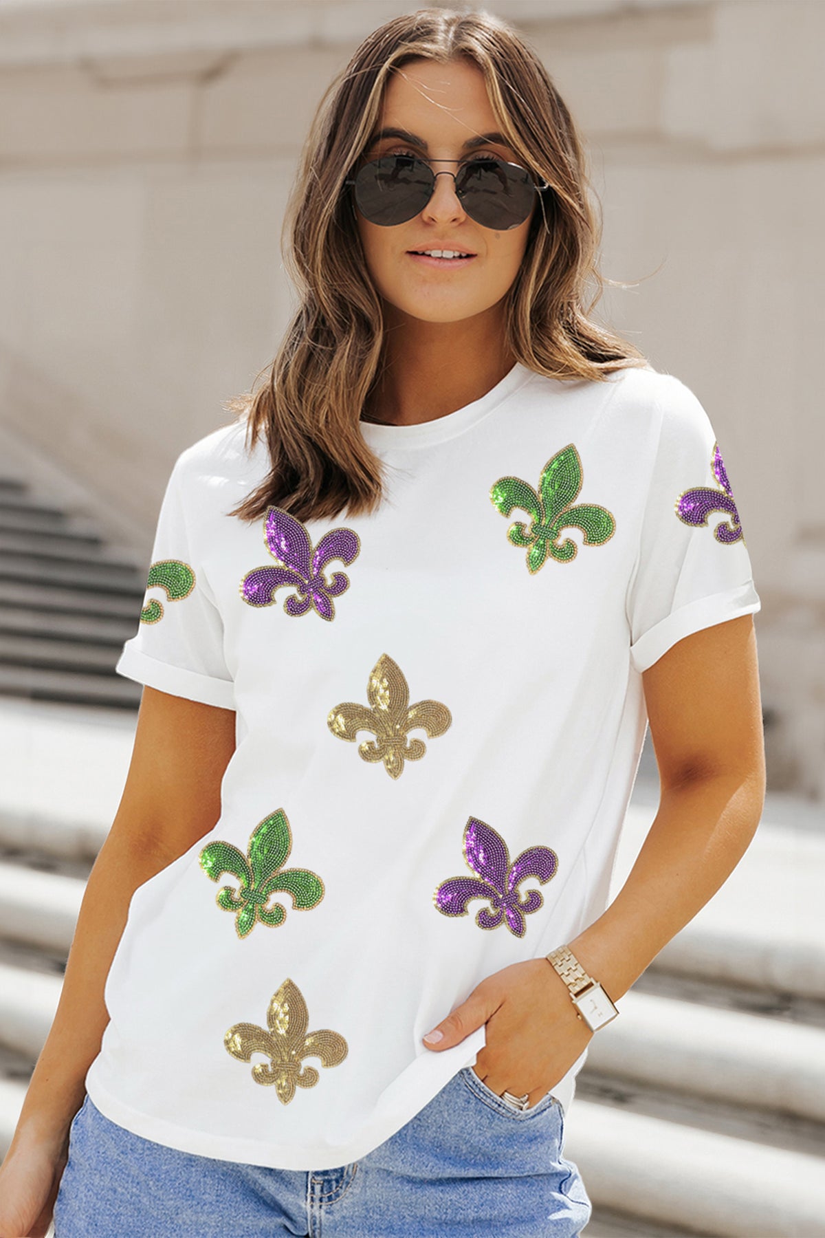 White Mardi Gras Fleur De Lis Sequin Graphic T-Shirt