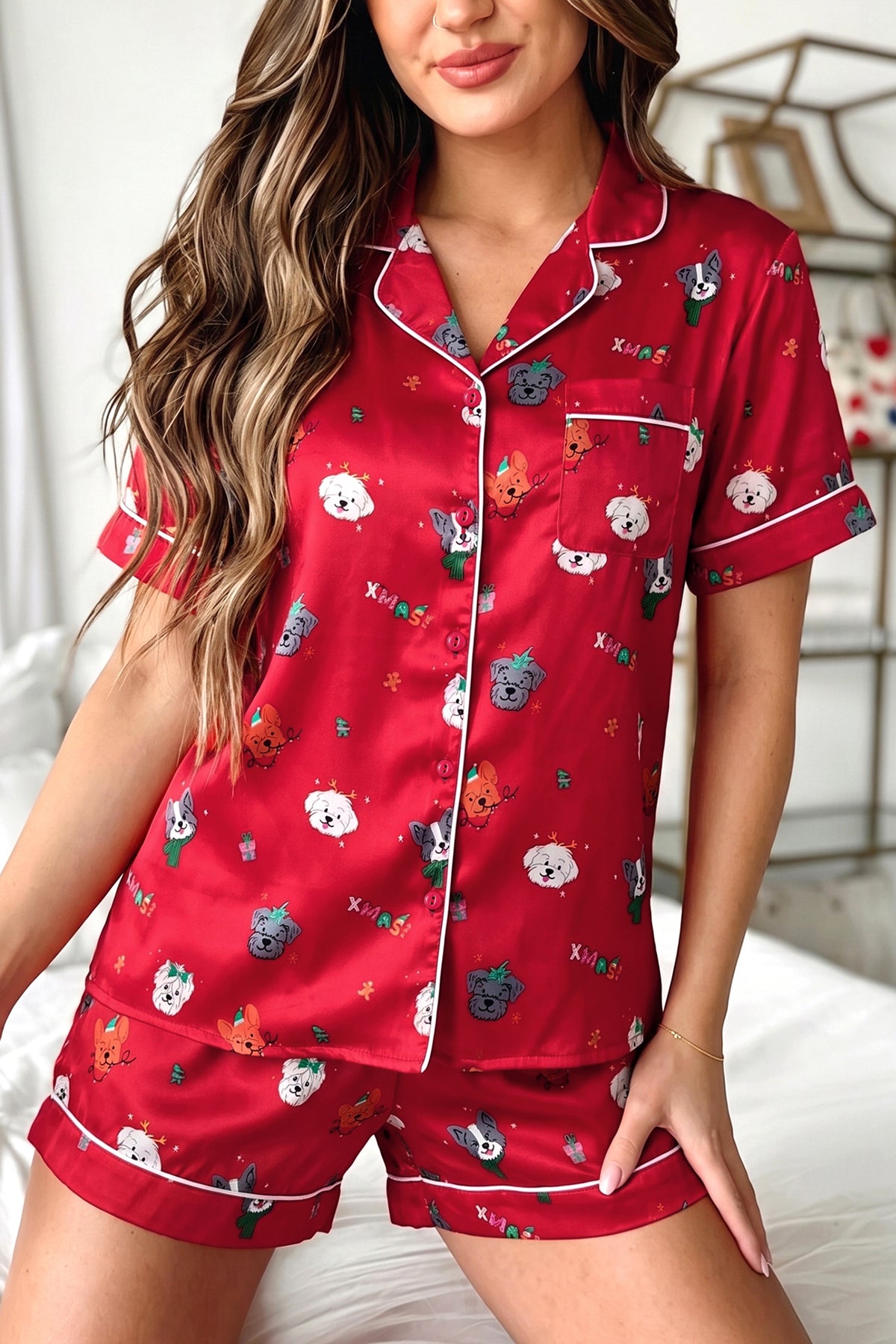 Racing Red Festive Dog Print Short Sleeve Lounge Set