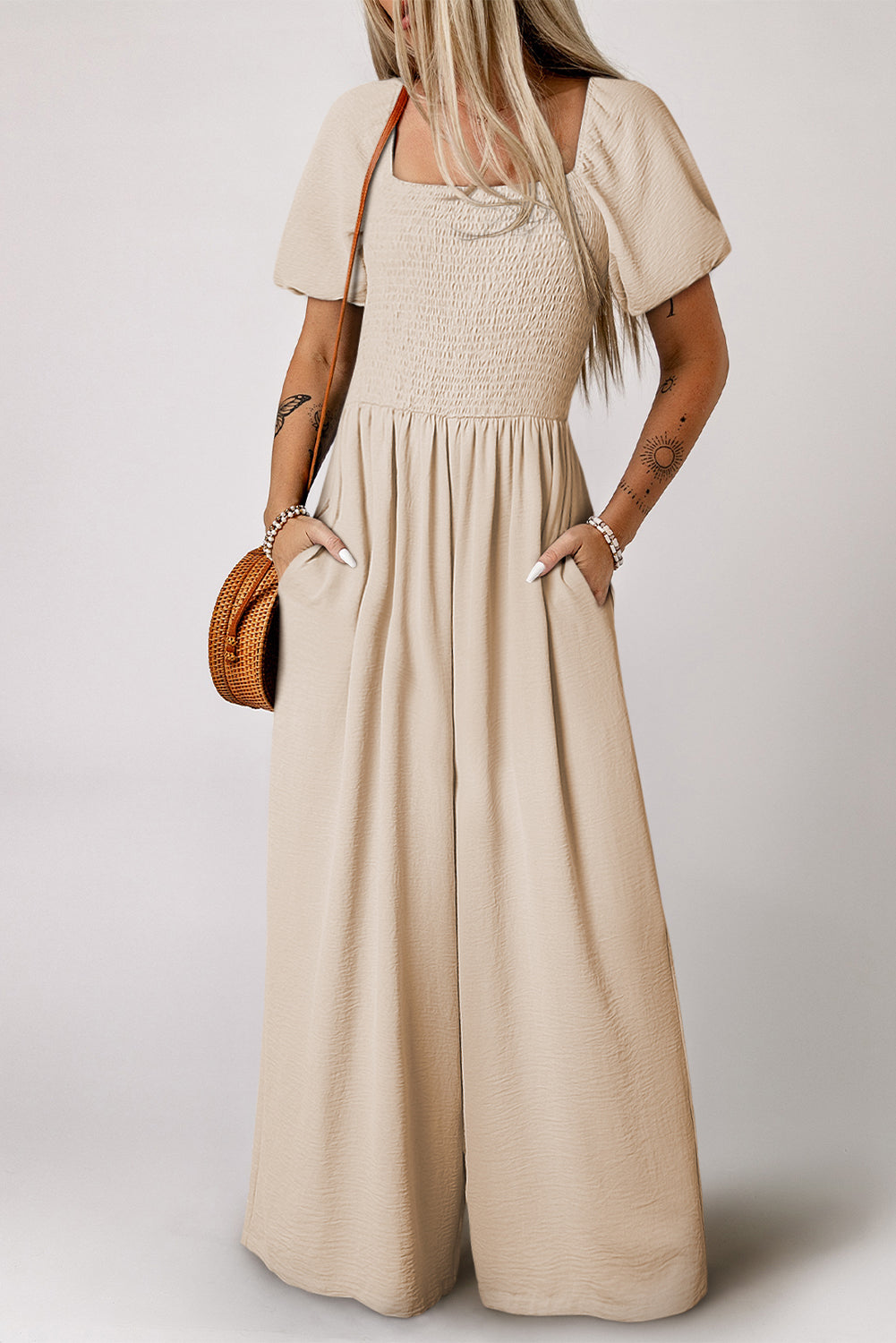 Apricot Short Bubble Sleeve Smocked Wide Leg Jumpsuit