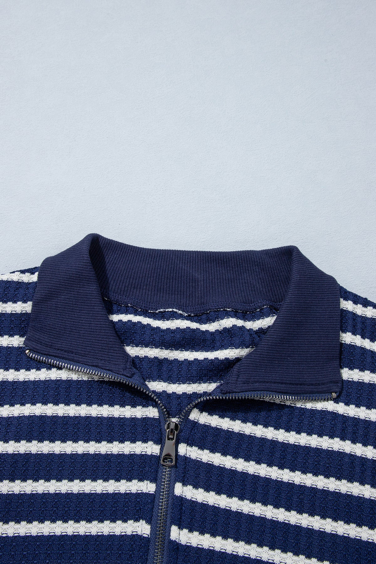 Blue Stripe Textured Knit Half Zip Collared Top