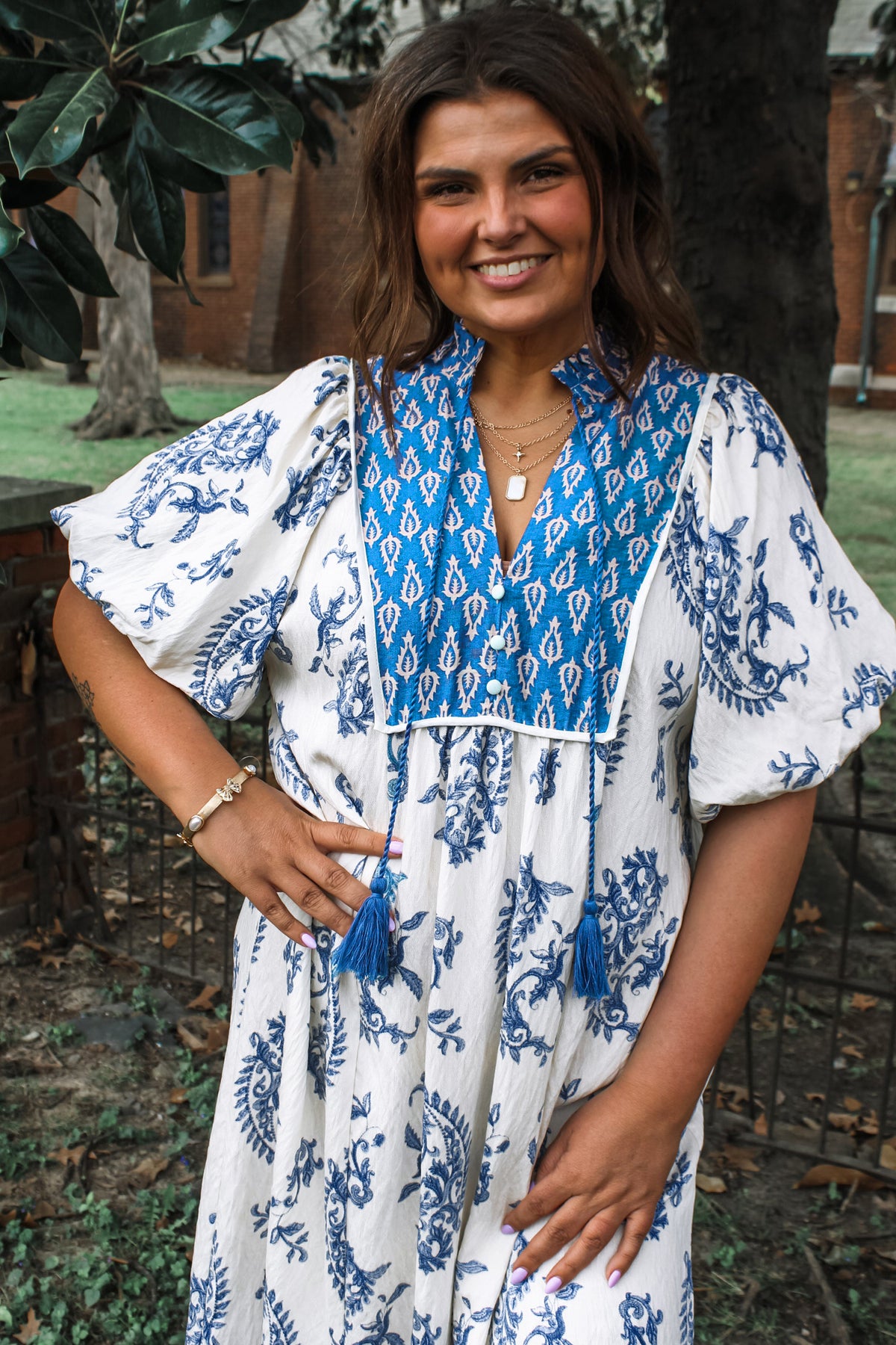 Sky Blue Boho Abstract Print V Neck Tassel Tie Dress