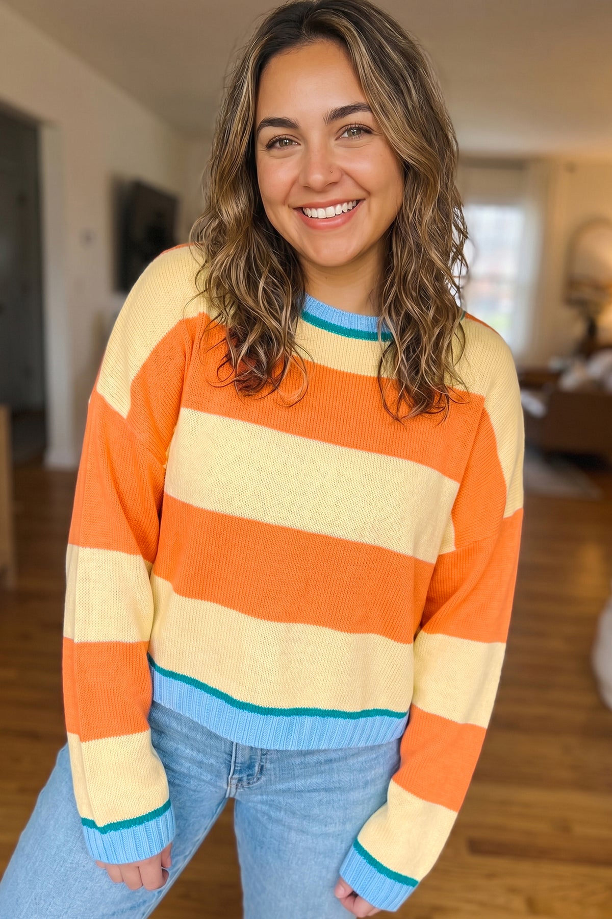 Yellow Stripe Striped Color-Block Round-Neck Long-Sleeve Oversized Plus Size Sweater