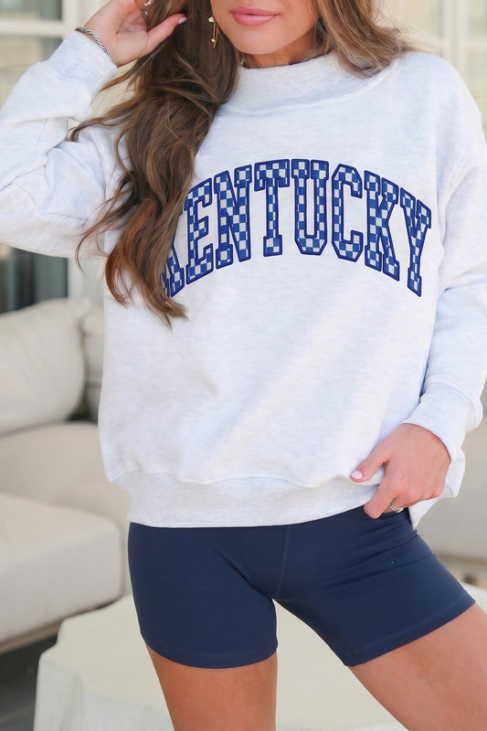 Light Grey High Neck Embroidered Checkered Sweatshirt