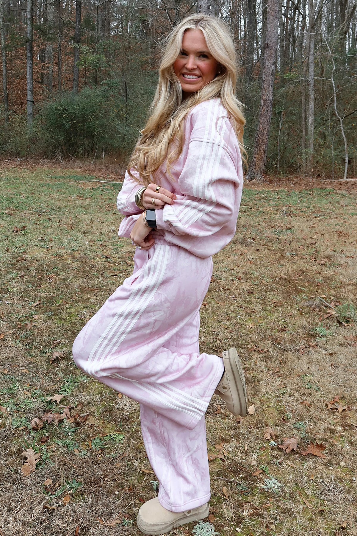 Pink Abstract Print Side Stripe Detail Long Sleeve Top Pants Set