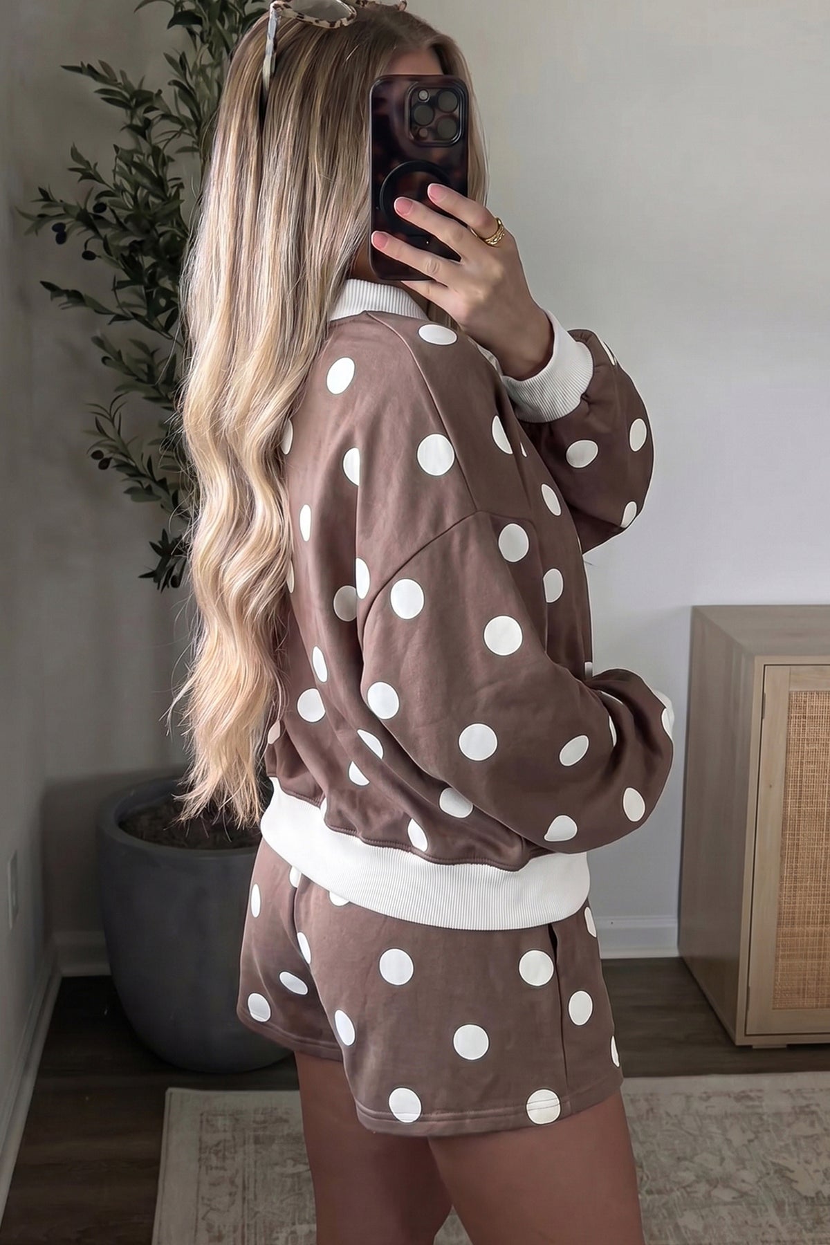 Women's Pink Polka Dot Ribbed Trim Long-Sleeve Top Casual Shorts Set