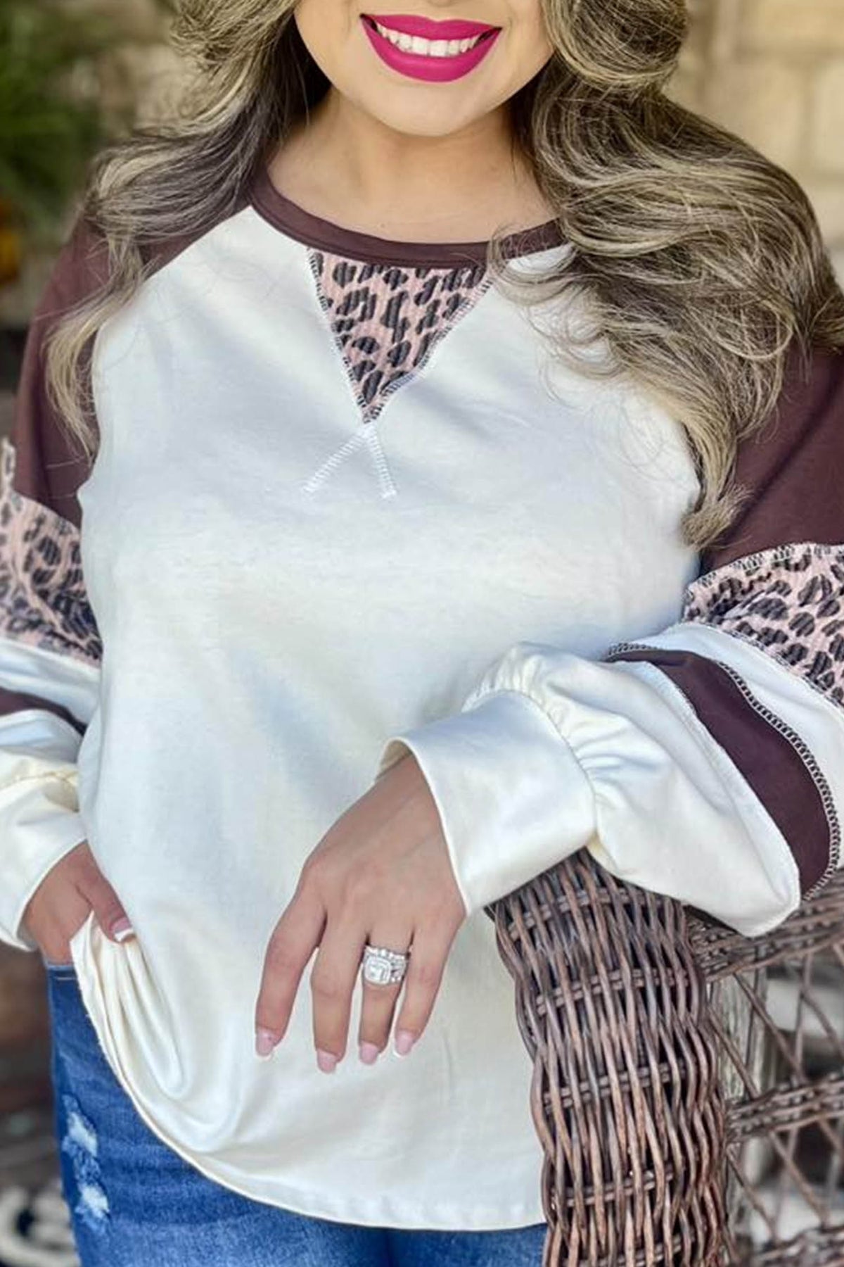 Beige Leopard Print Color-Block Round-Neck Long-Sleeve Plus Size Blouse