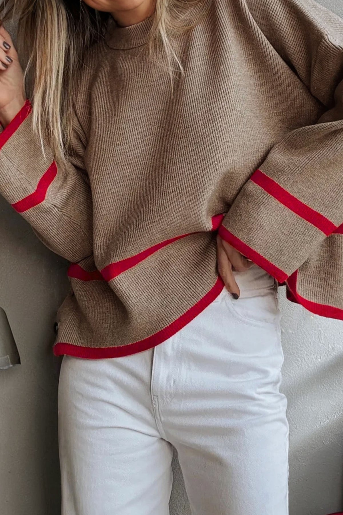 Simply Taupe Ribbed Knit Contrasted Stripe Detail Button Side Sweater
