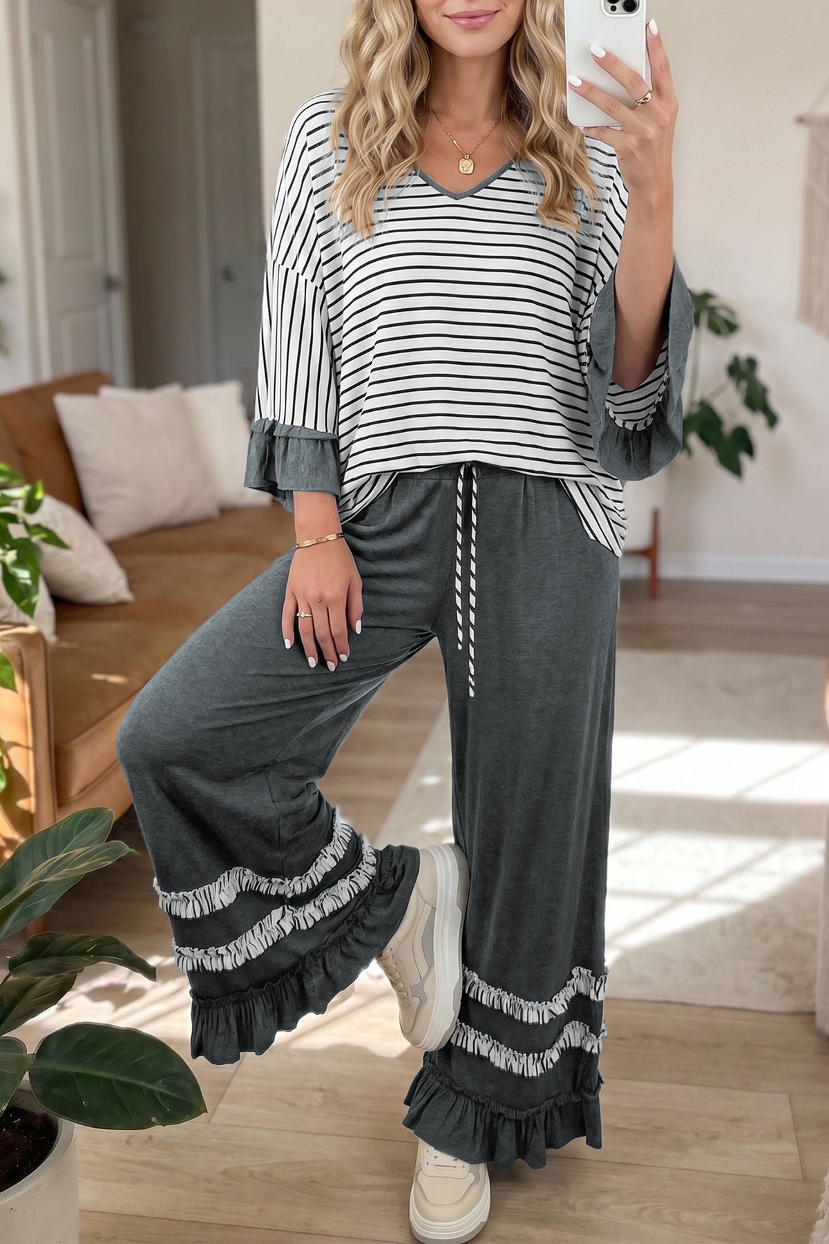 Women's Khaki Stripe V-Neck Ruffle Contrast Sleeve Top Drawstring Pants Two-Piece Set