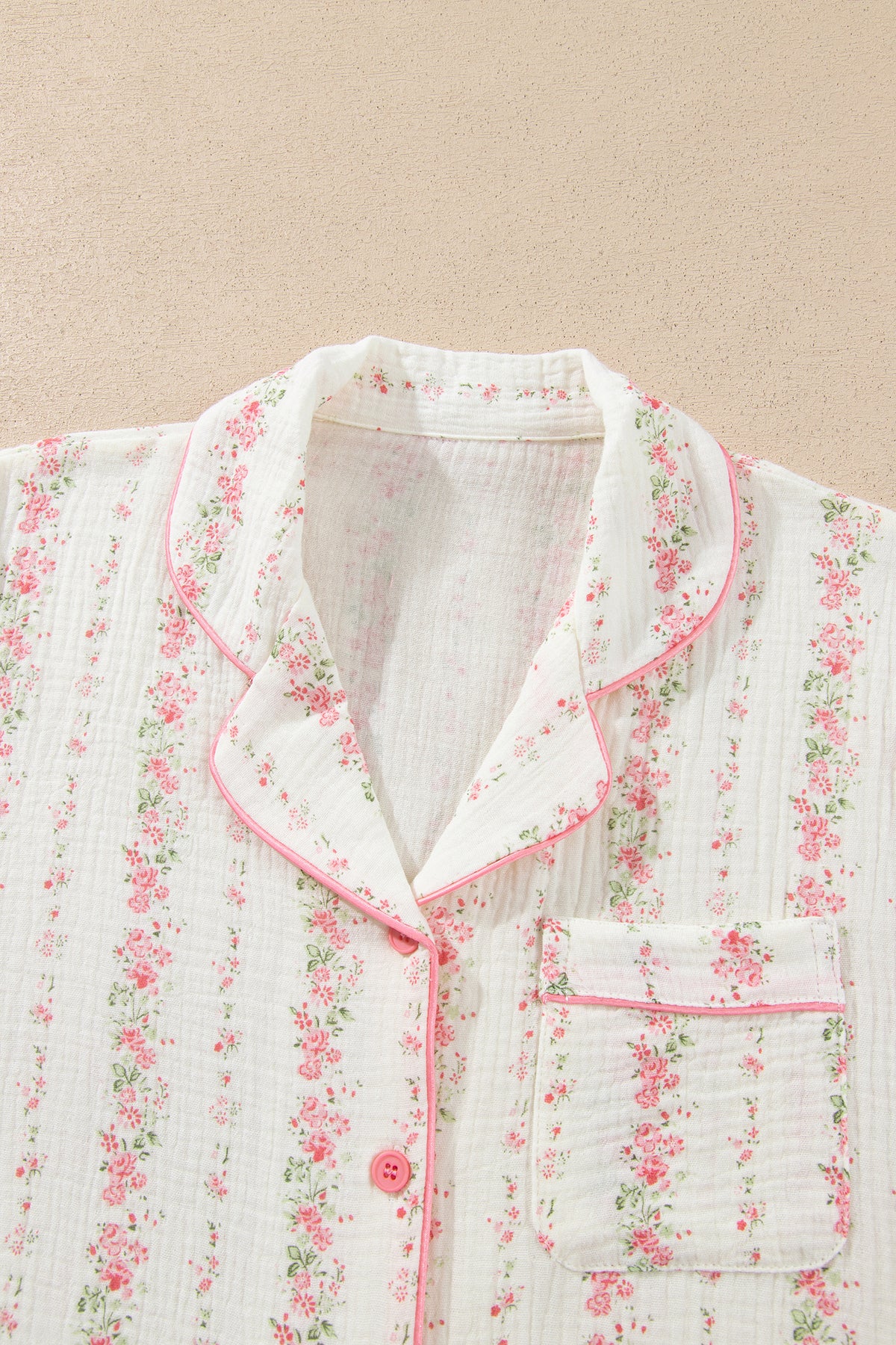 Pink Floral Print Long Sleeve Button Front Shirt Pajama Pants Set