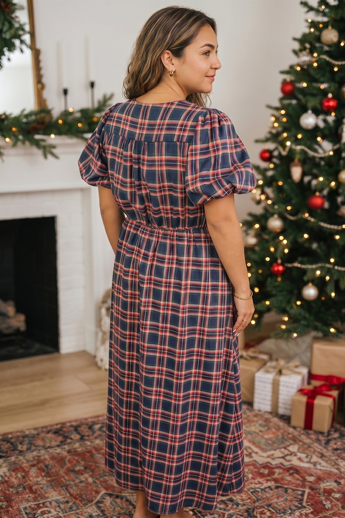 Black Plaid V-Neck Belted Waist Short-Sleeve Plus Size Dress
