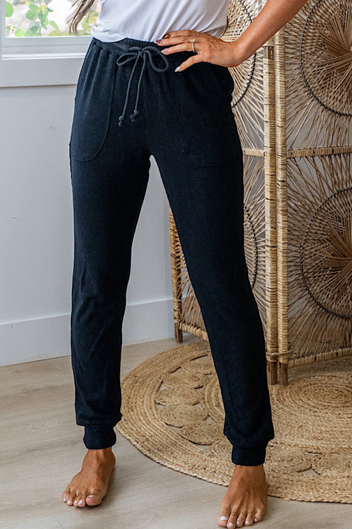 Black Ribbed Drawstring Active Jogger Pants