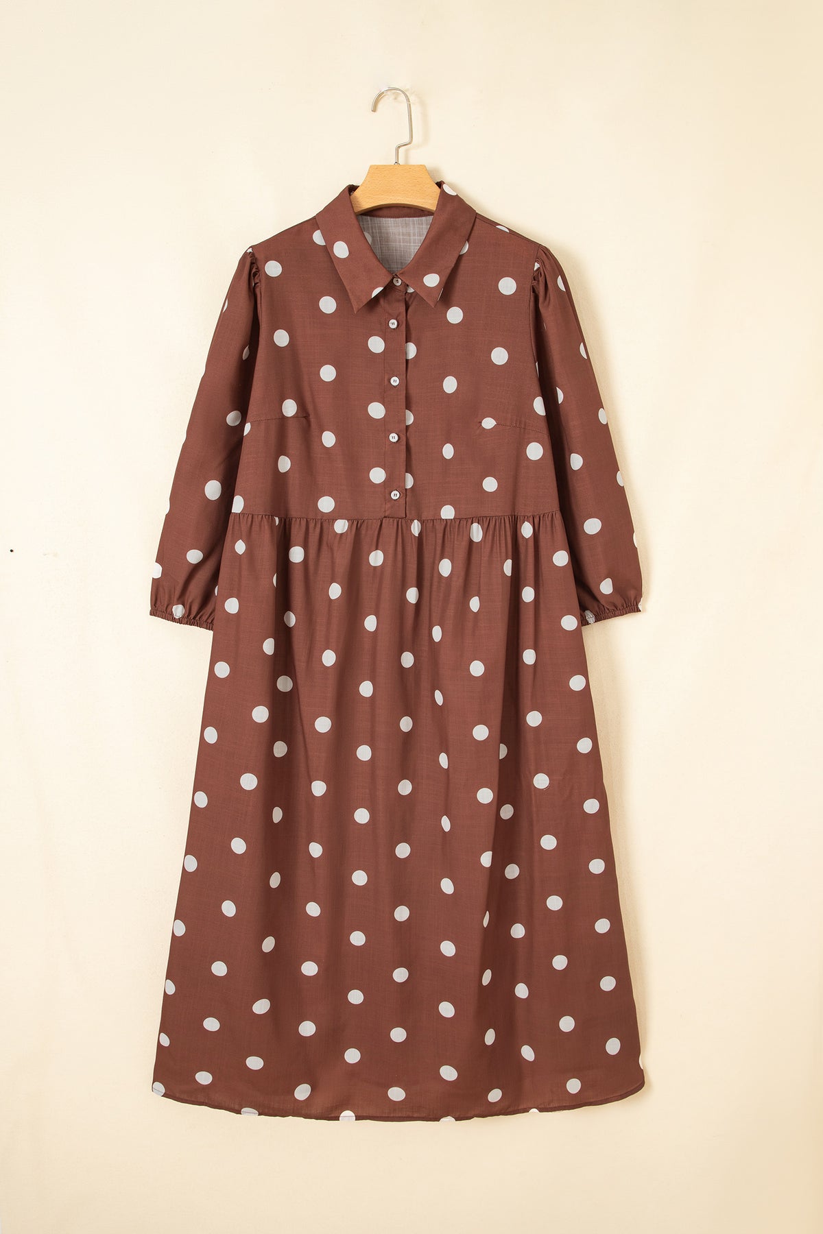 Brown Polka Dot V-Neck Abdomen Pocket Gathered Cuffs Long-Sleeve Shift Plus Size Dress