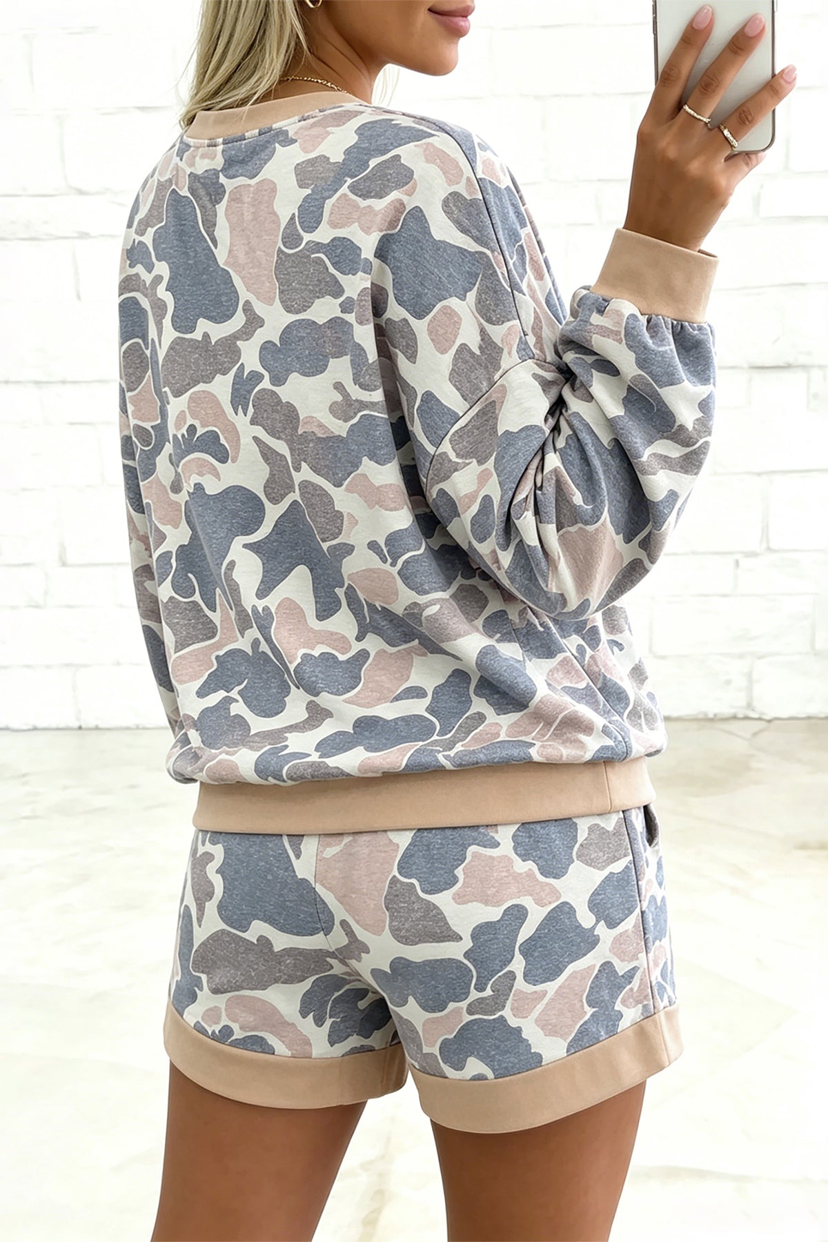 Women's Multicolour Camouflage Patchwork Colorblock Two-Piece Long-Sleeve Top and Shorts Set