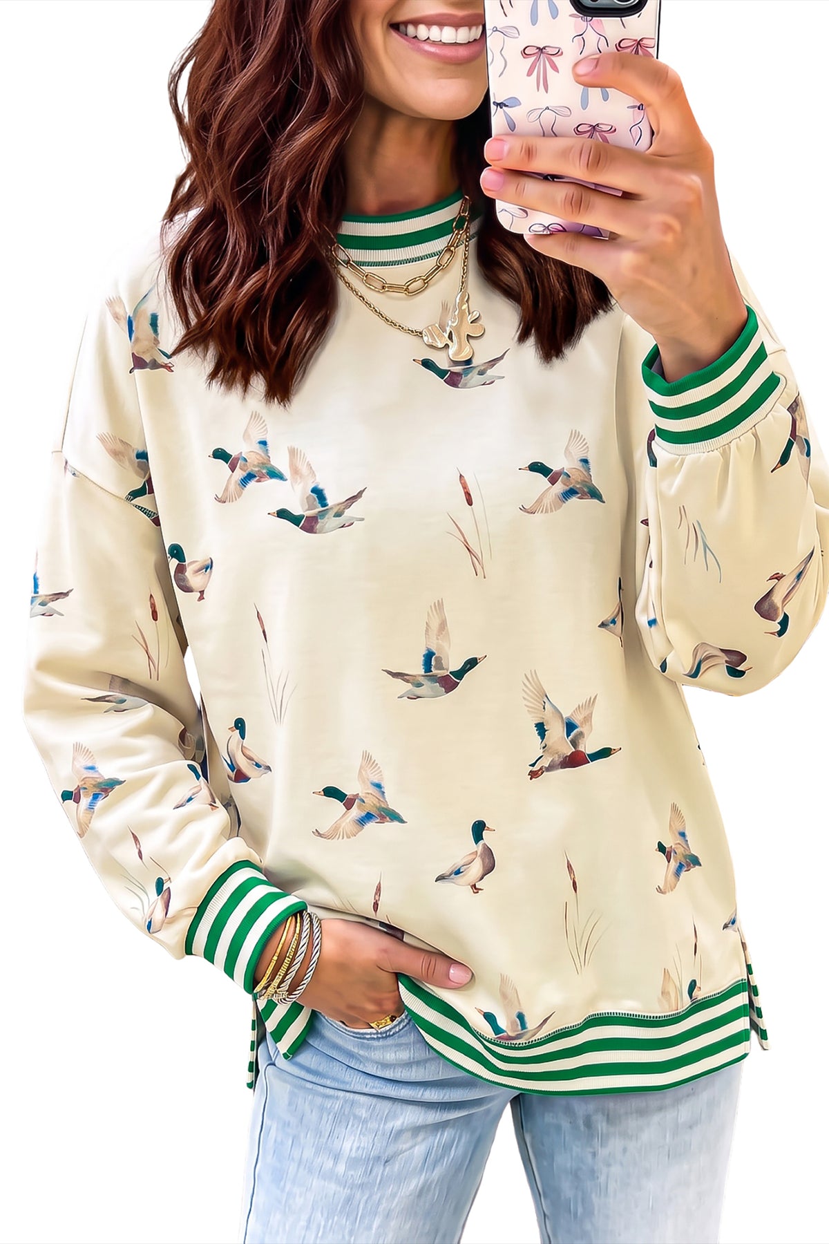 Beige Duck Print Striped Trim Cuffs Round Neck Sweatshirt