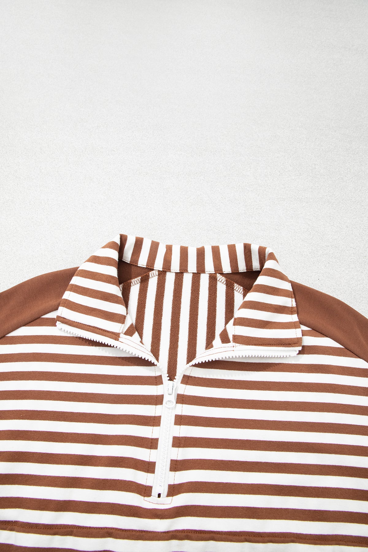 Women's Brown Stripe Color Block Patchwork Quarter Zip Pullover Sporty Shorts Set