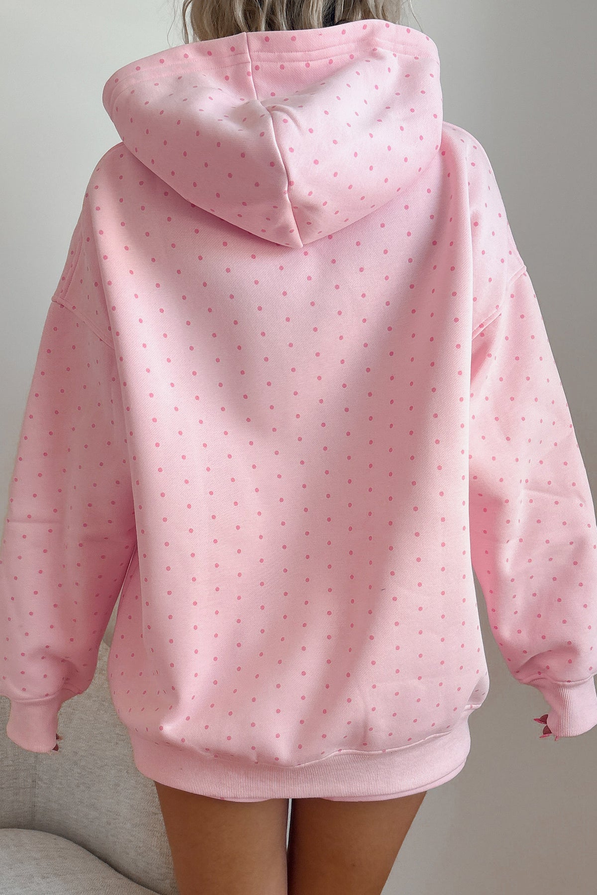 Pink Polka Dot Printed Oversized Hoodie Casual Shorts Set