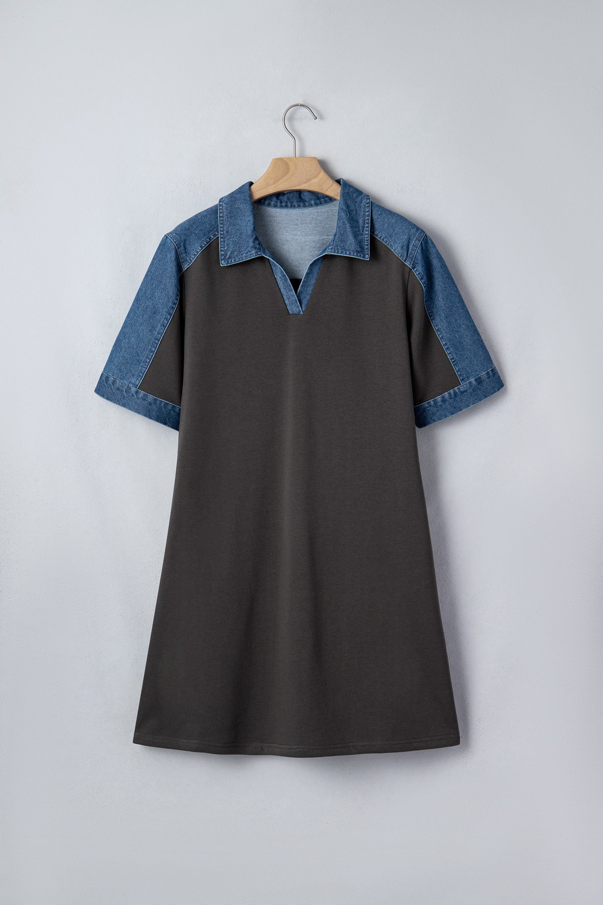 Carbon Grey Color Block Denim Patchwork T Shirt Shift Dress