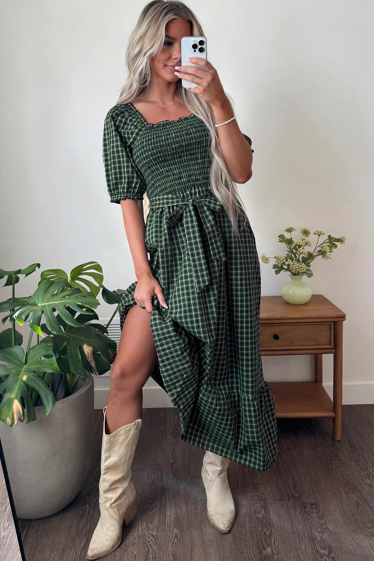 Green Plaid Ruffle Square-Neck Maxi Dress
