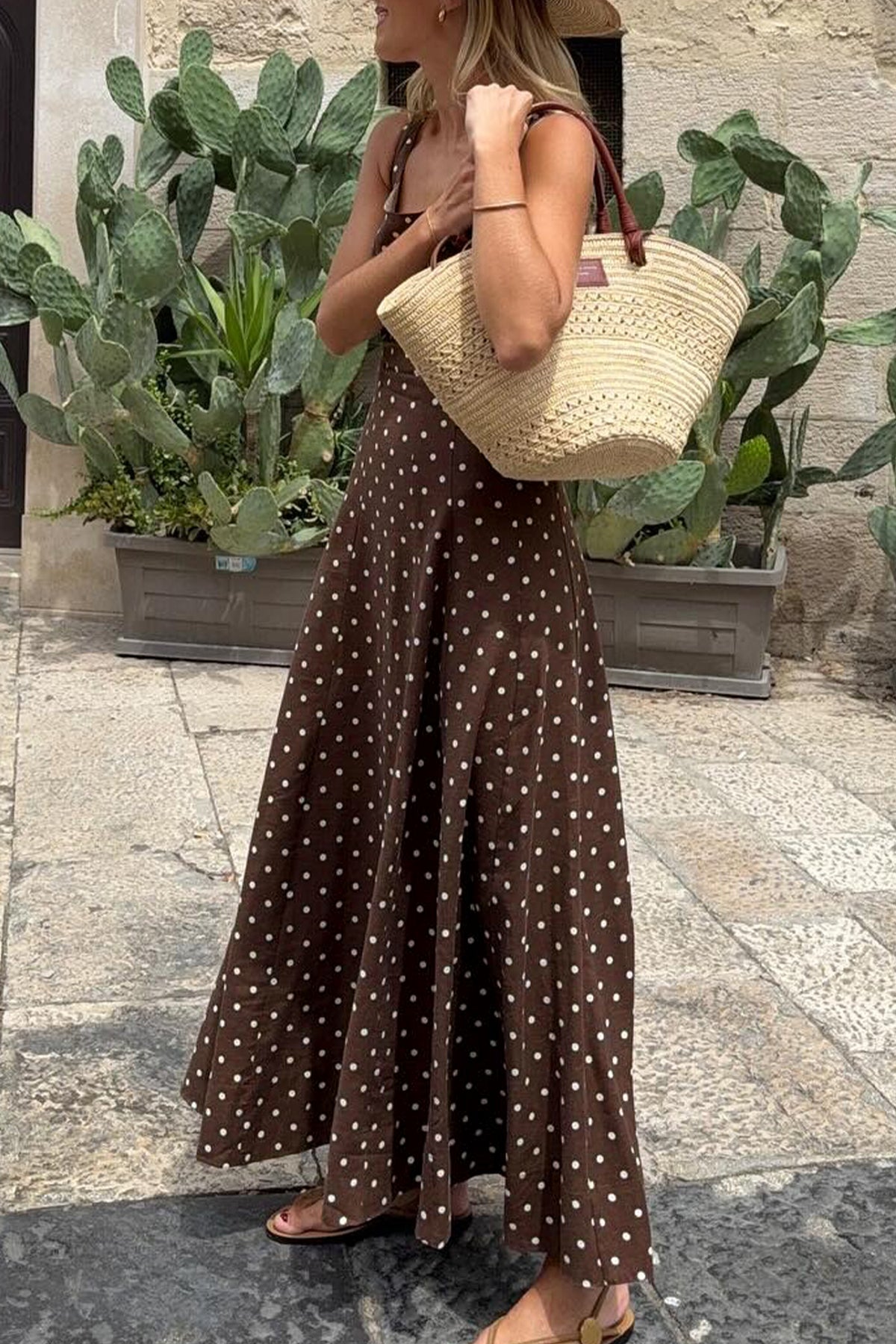 Brown Polka Dot Square-Neck Maxi Dress