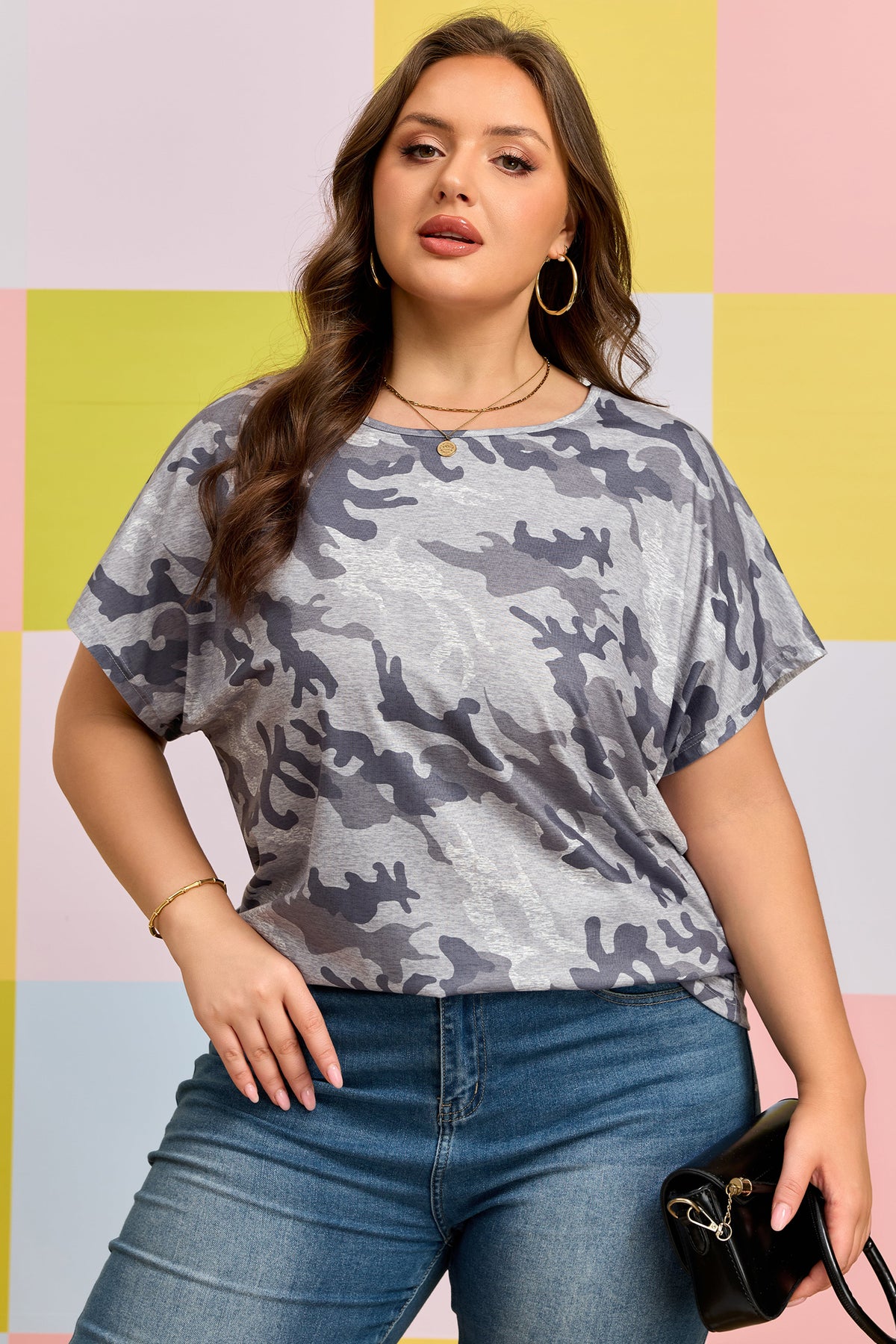 Gray Plus Size Camo Print Casual T-Shirt