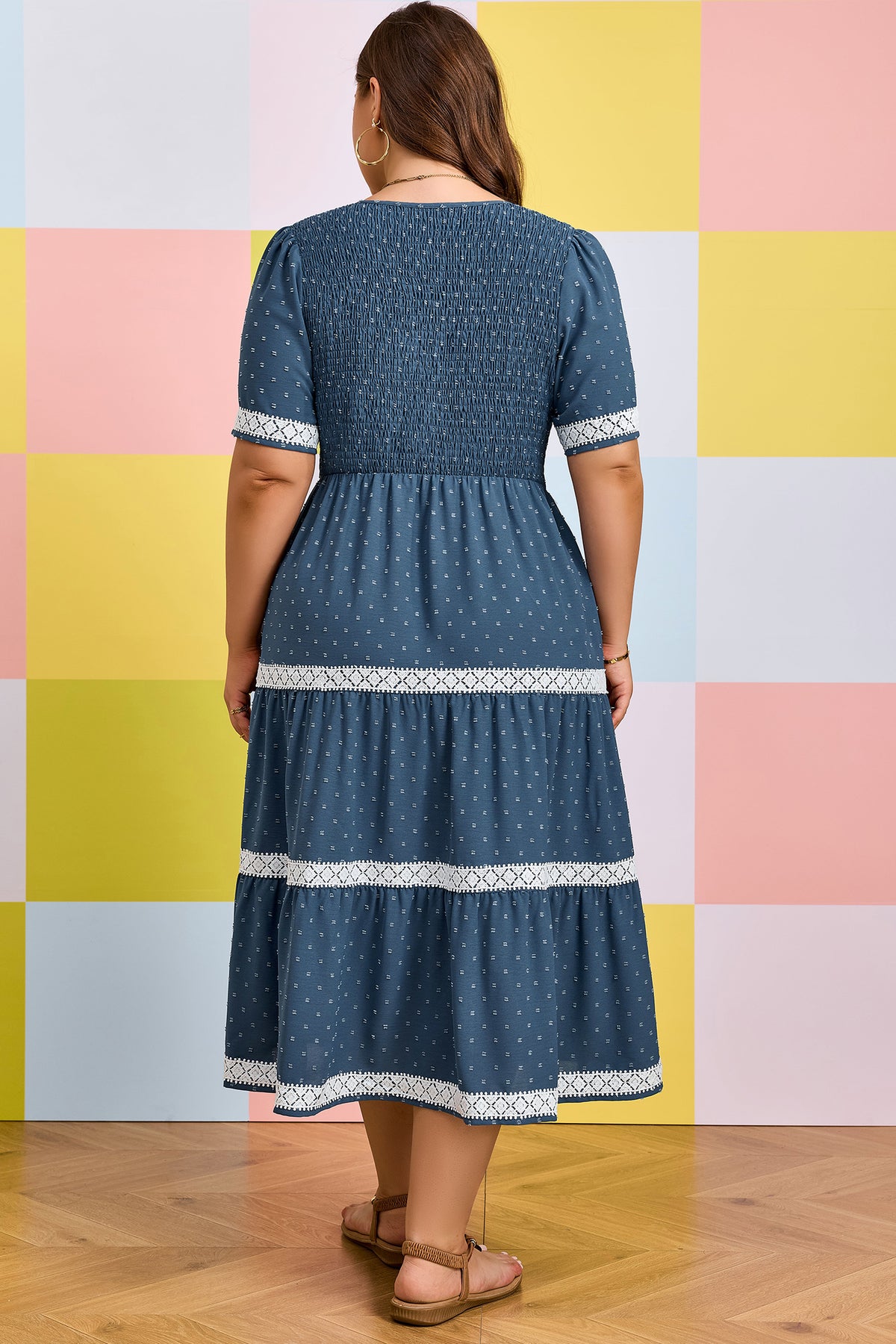 Dusk Blue Plus Size V-Neck Swiss Dot Lace Patchwork Detail Flared Midi Dress