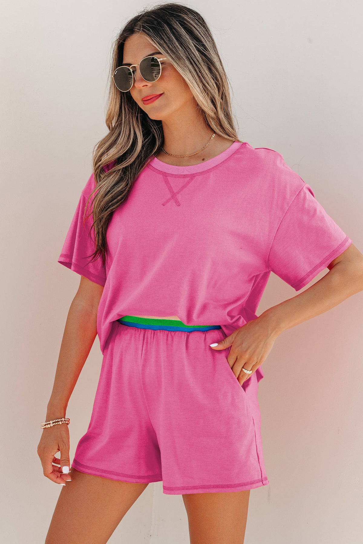 Women's Bright Pink Seam Detail Raw Edge Tee Rainbow Waistband Casual Shorts Set